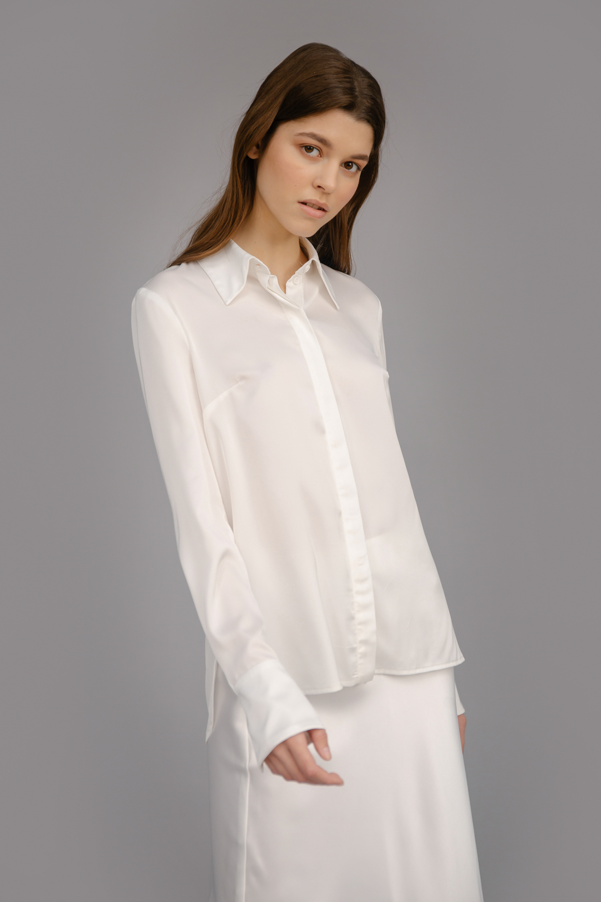 Сатинова блуза-сорочка молочного кольору, фото 1