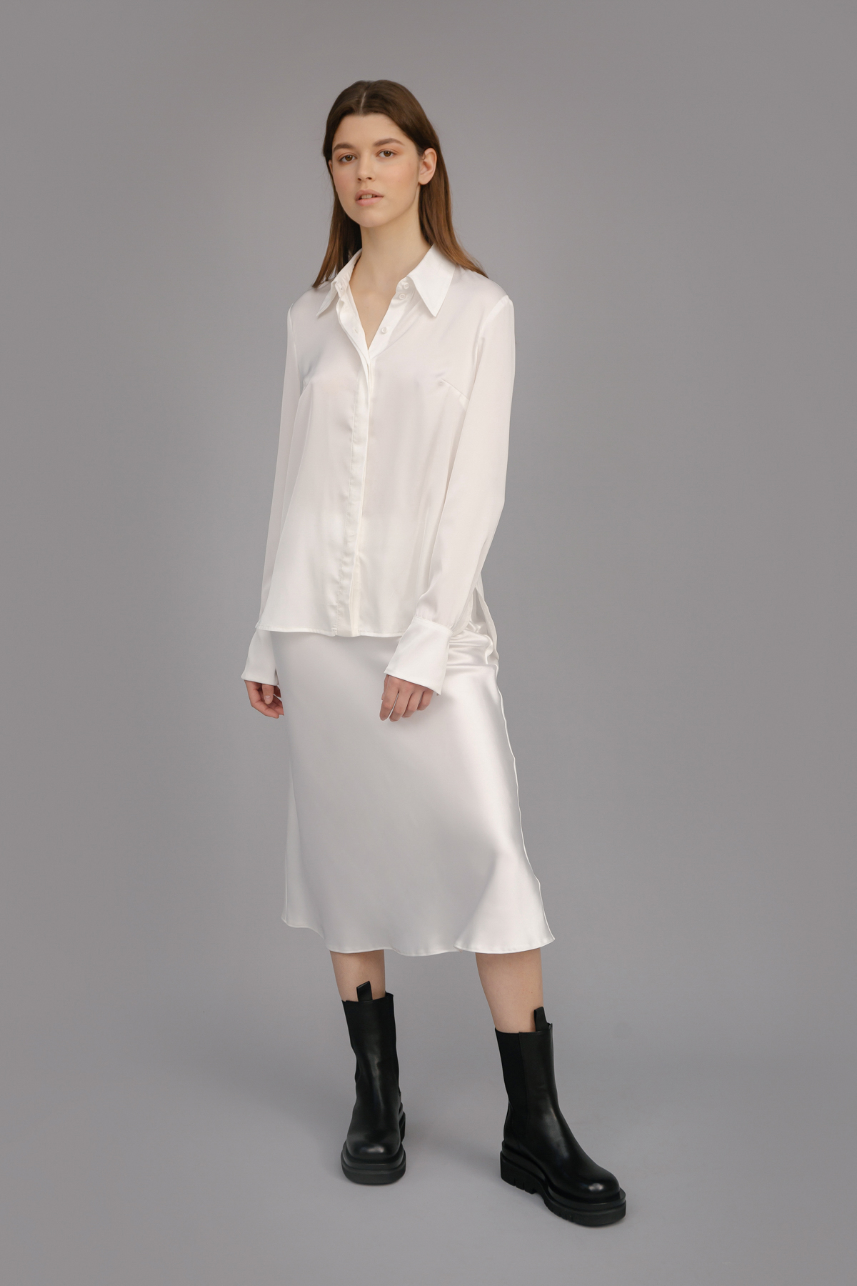 Сатинова блуза-сорочка молочного кольору, фото 2