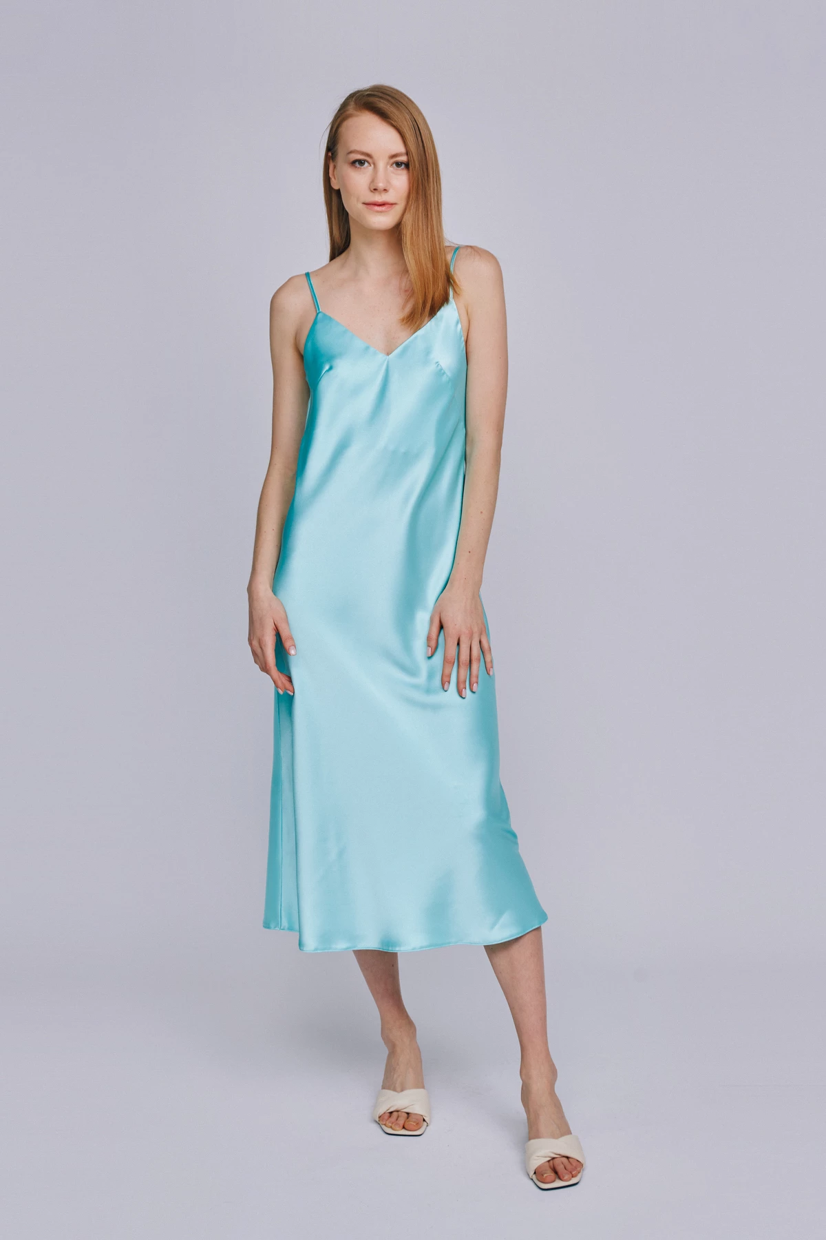 Платье-комбинация бирюзового цвета из плотного сатина, фото 2
