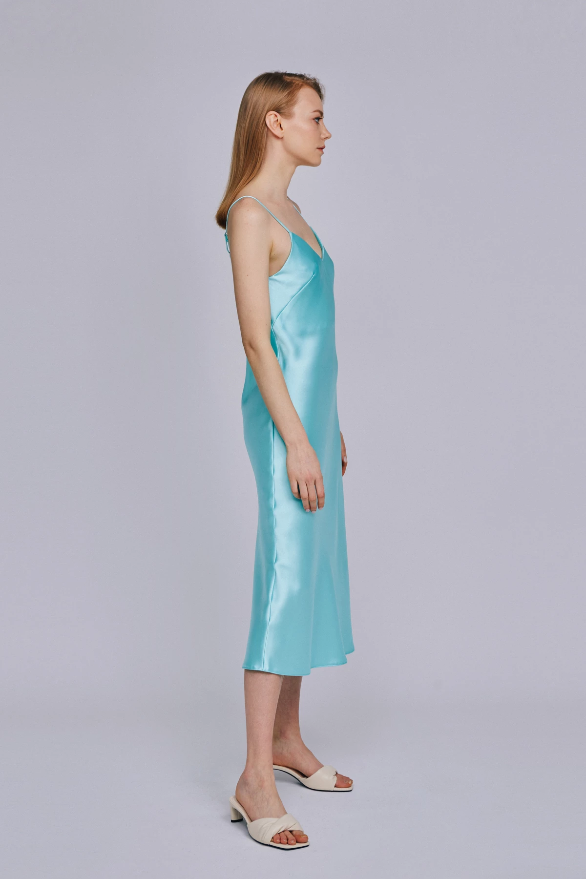 Платье-комбинация бирюзового цвета из плотного сатина, фото 3