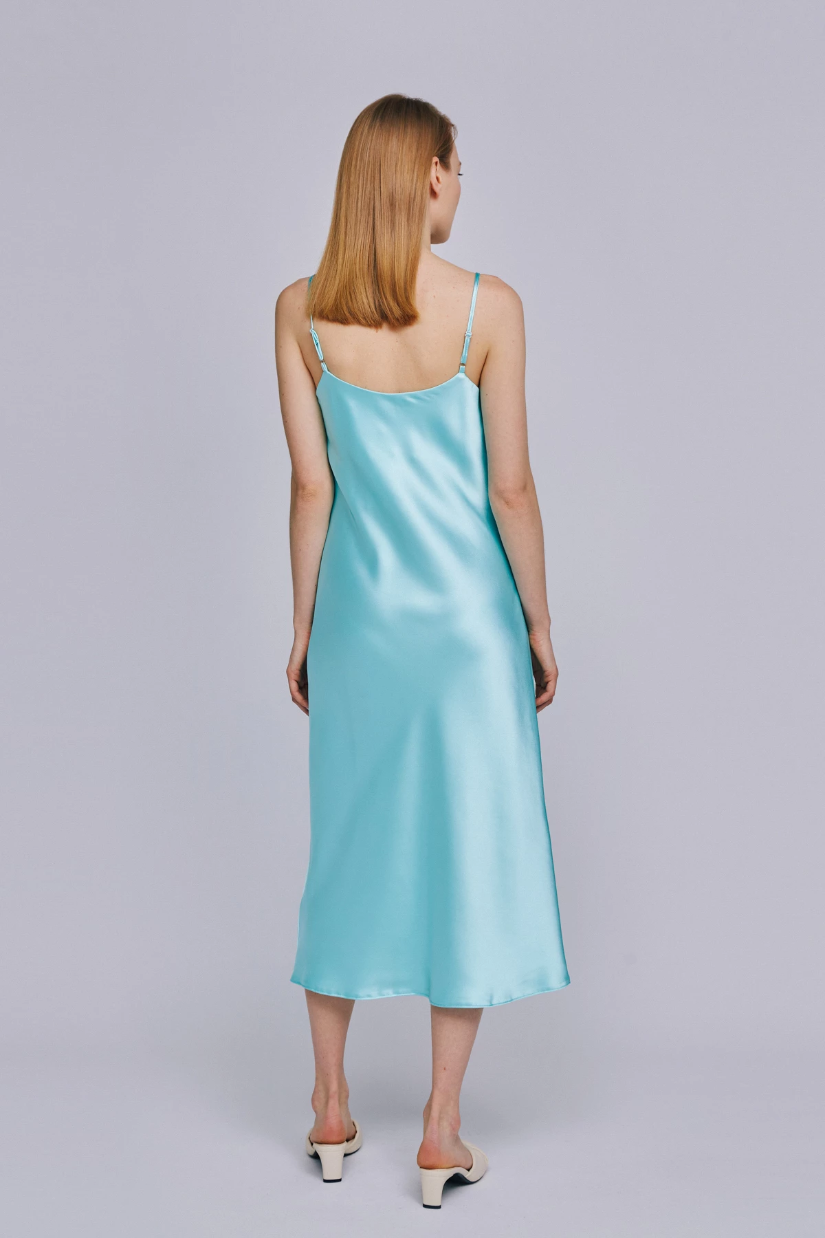 Платье-комбинация бирюзового цвета из плотного сатина, фото 4
