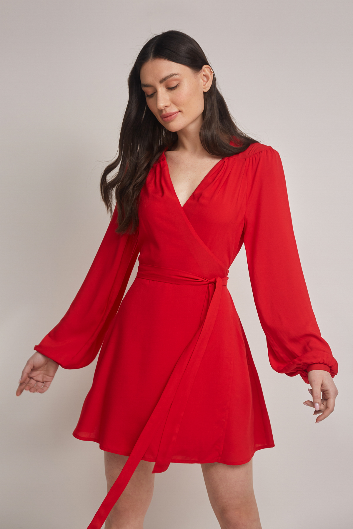 Червона сукня міні на запах з V-подібним вирізом, фото 1