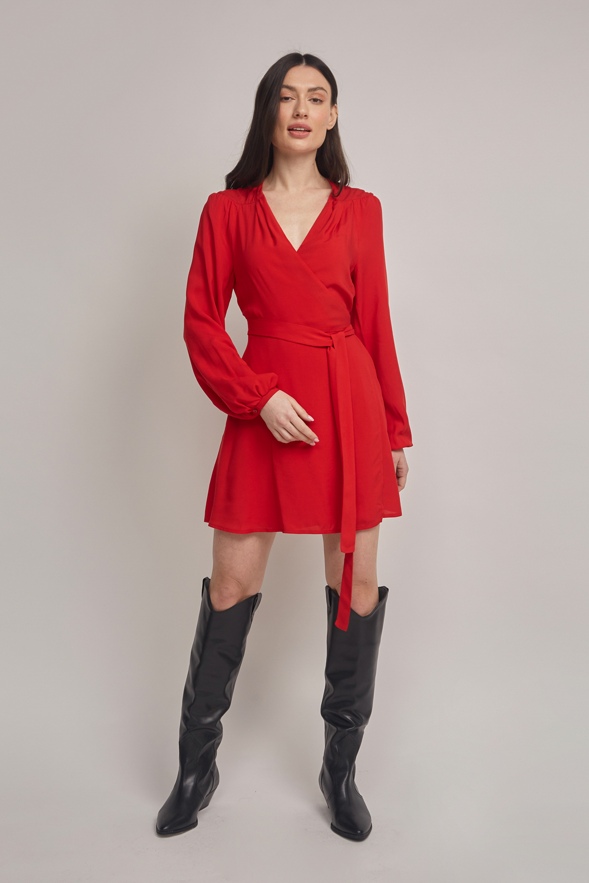 Червона сукня міні на запах з V-подібним вирізом, фото 2