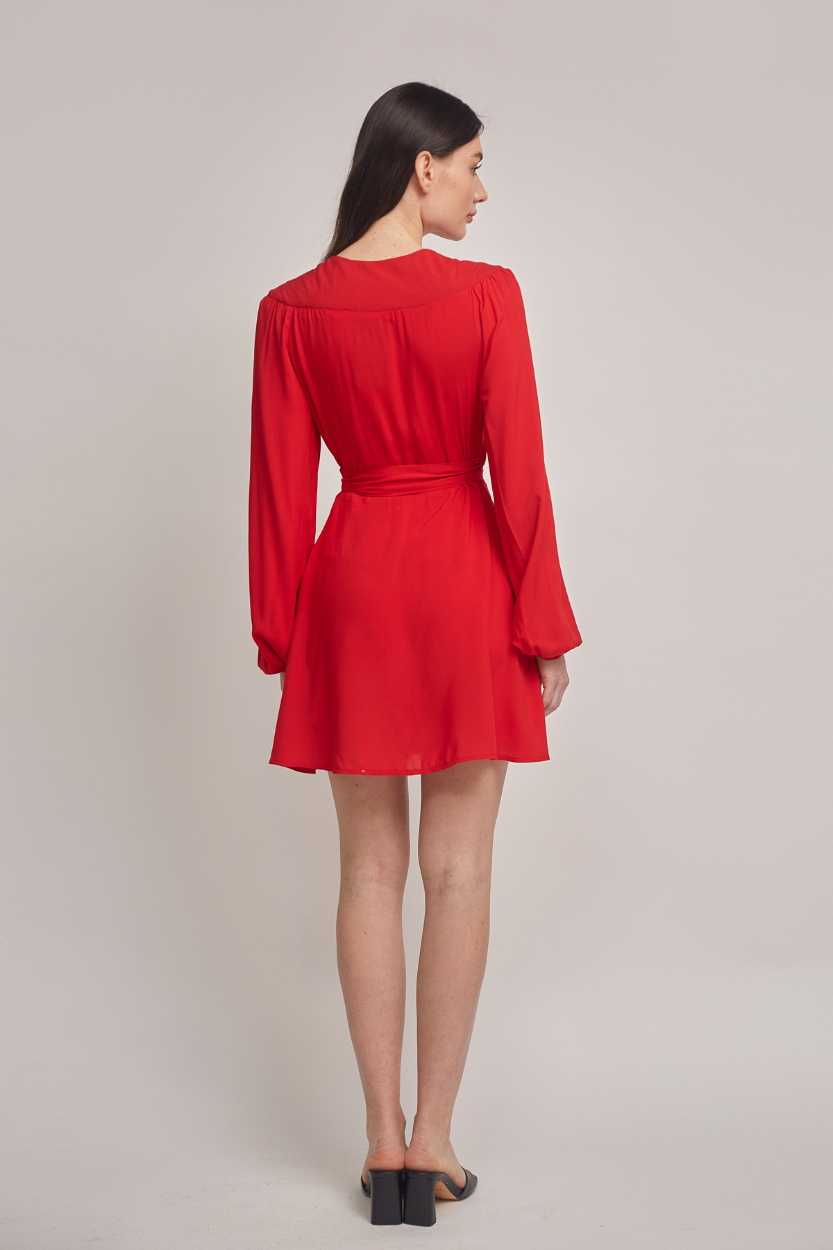 Червона сукня міні на запах з V-подібним вирізом, фото 5