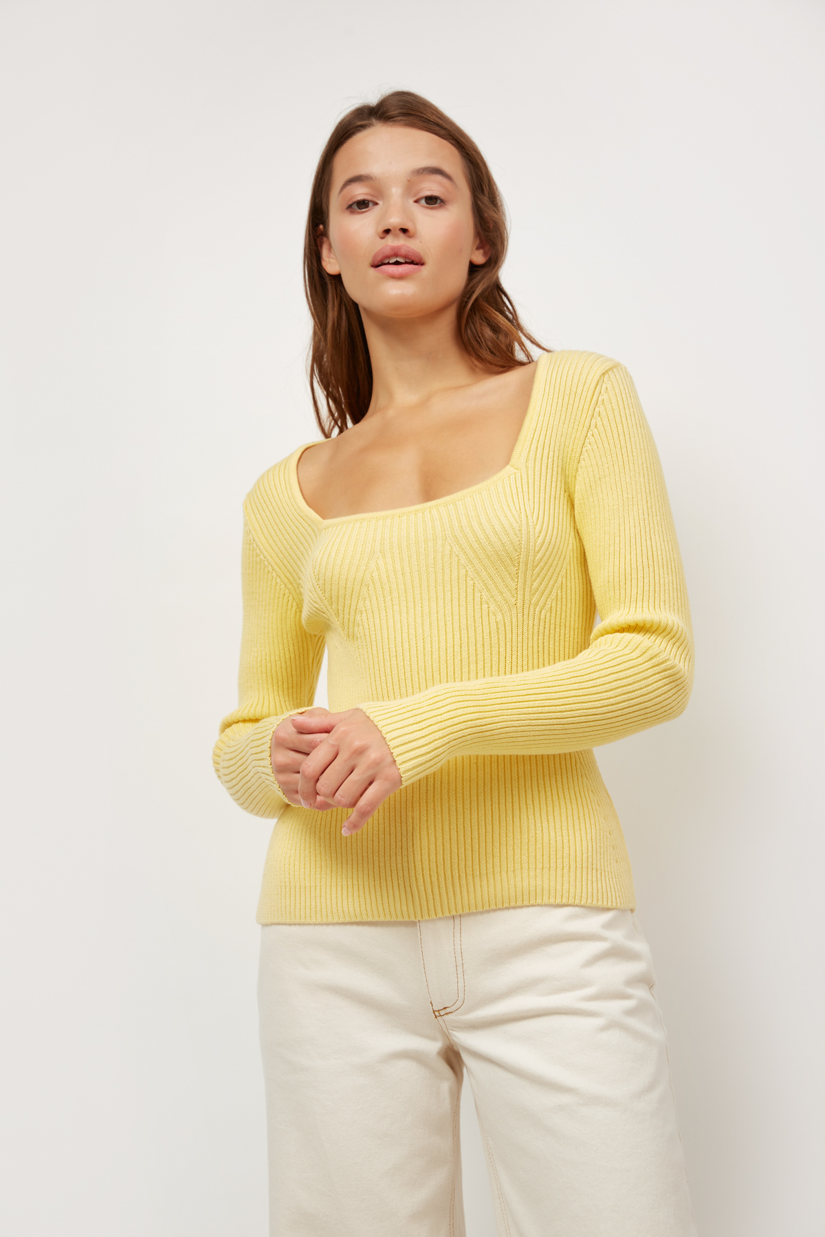 Lemon color  knitted sweater with a square neckline , photo 2