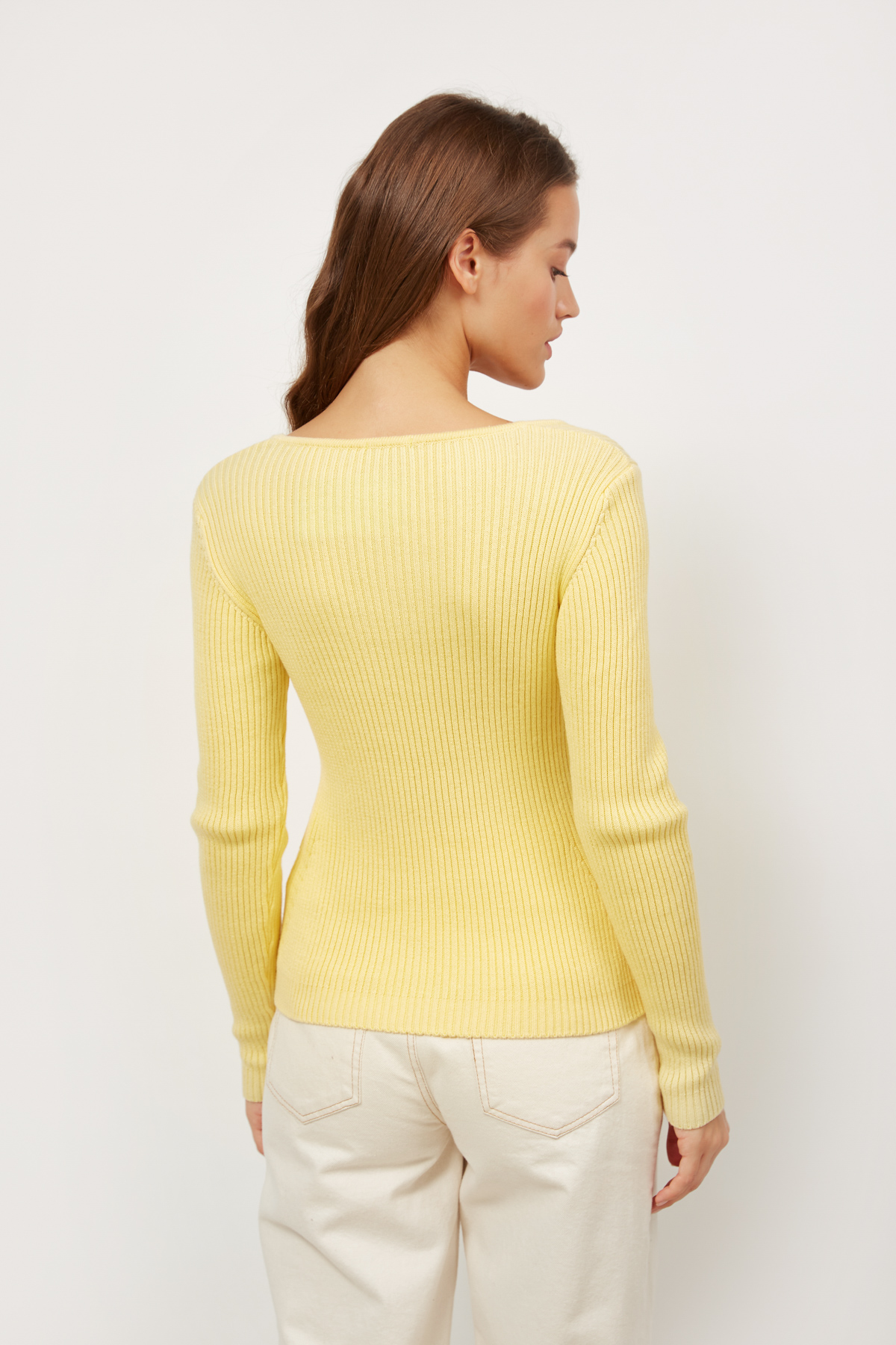 Lemon color  knitted sweater with a square neckline , photo 3