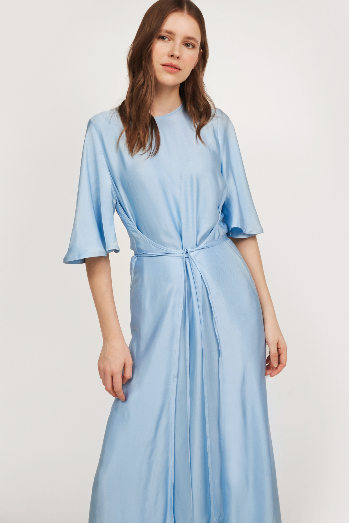 Блакитна сукня міді з зав'язками на талії з віскози, фото 1