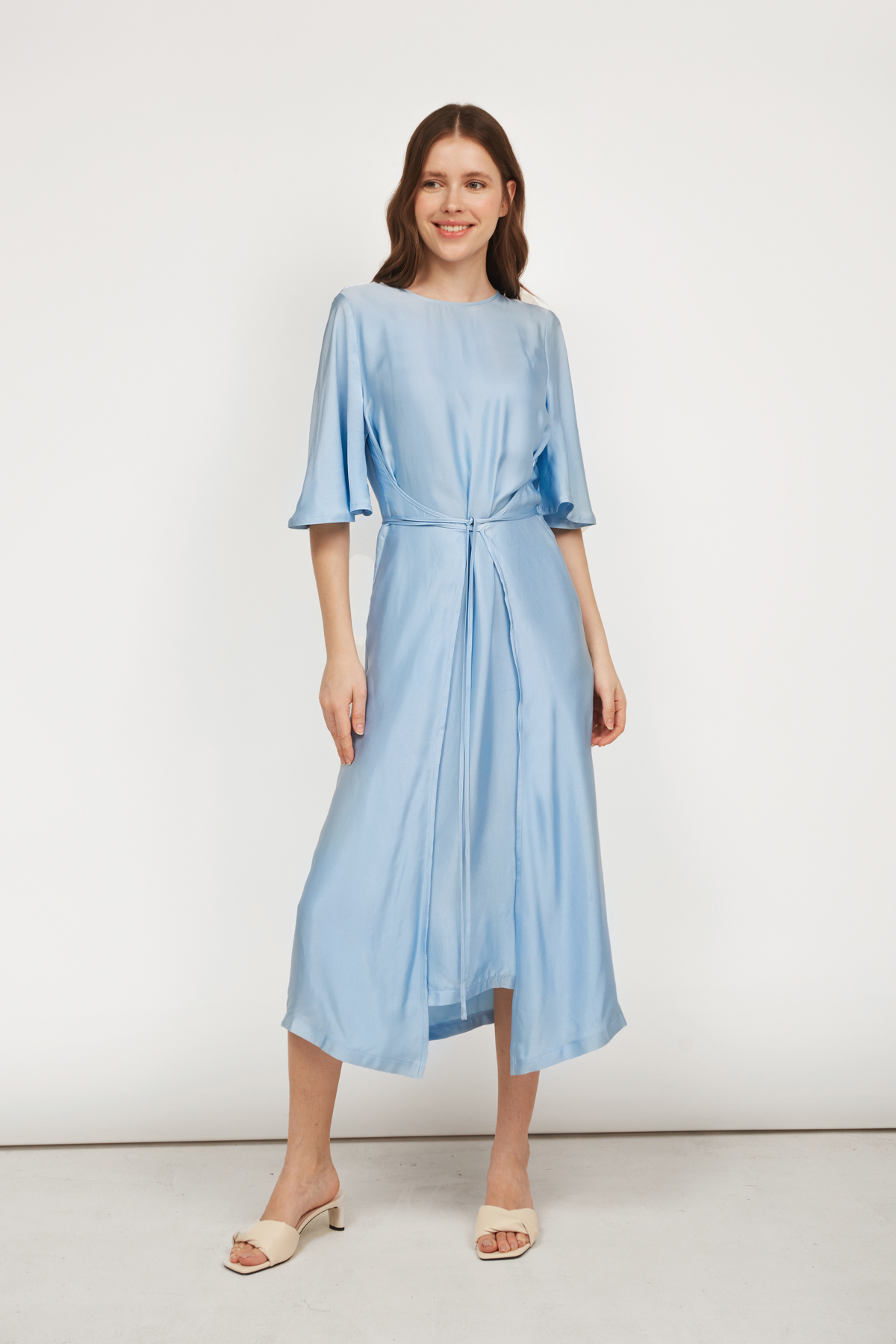 Блакитна сукня міді з зав'язками на талії з віскози, фото 2