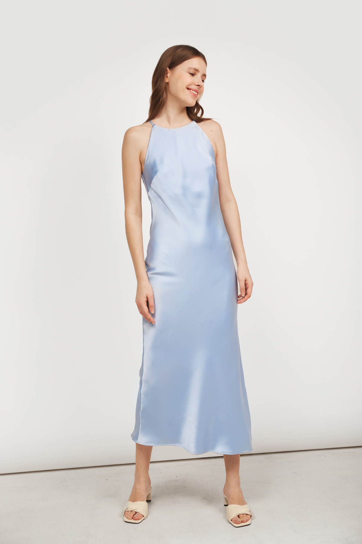 Блакитна сукня-комбінація зі щільного сатину, фото 1