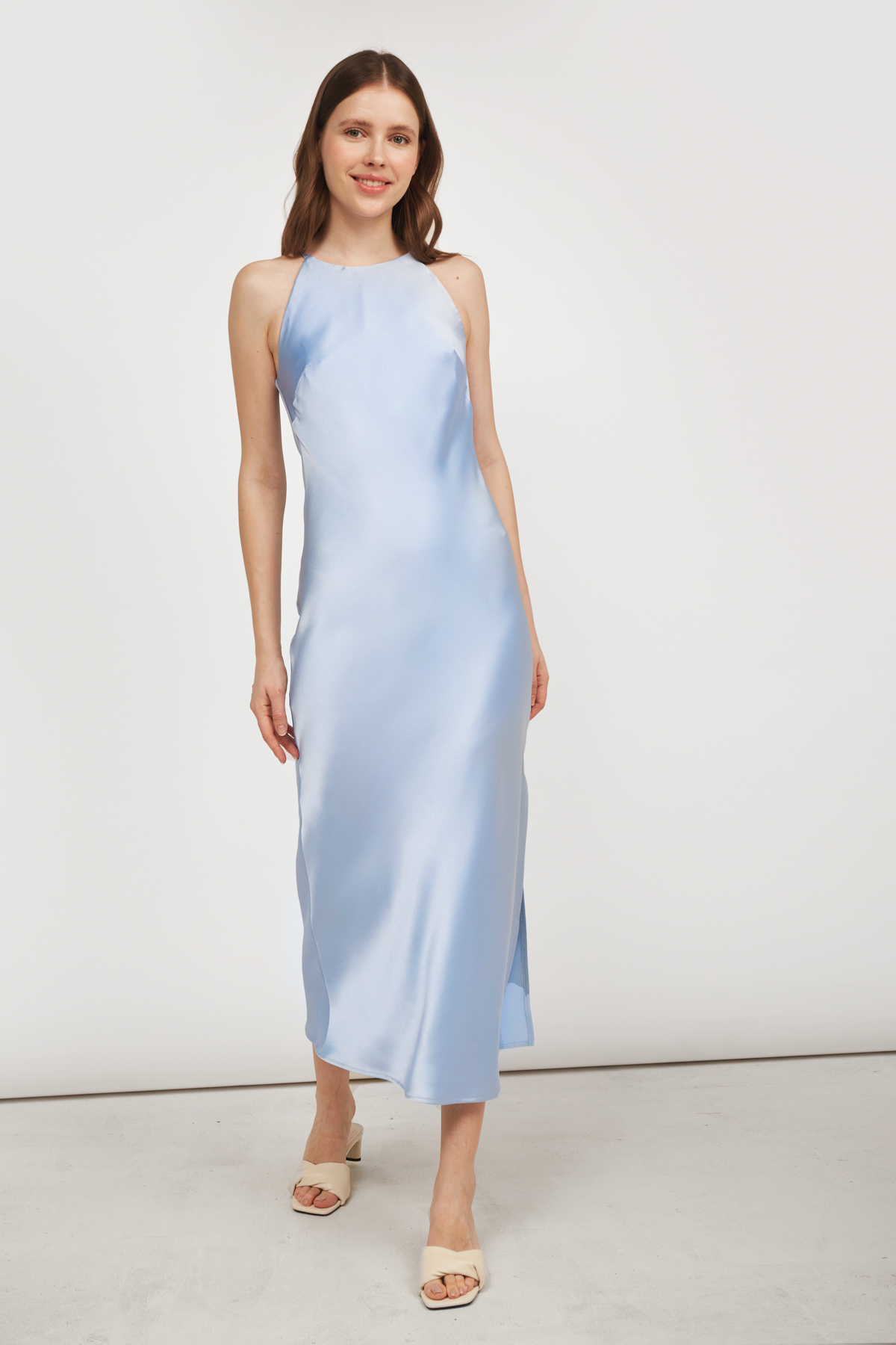 Блакитна сукня-комбінація зі щільного сатину, фото 2