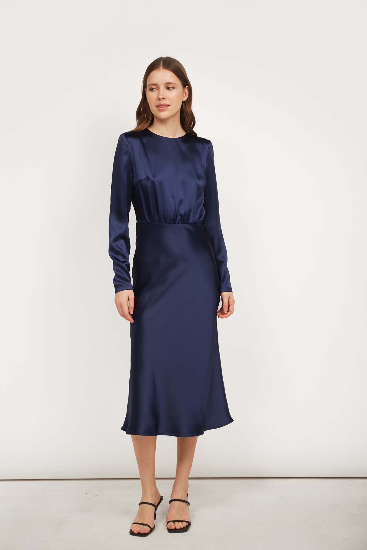 Сатинова сукня з рукавами темно-синього кольору, фото 1