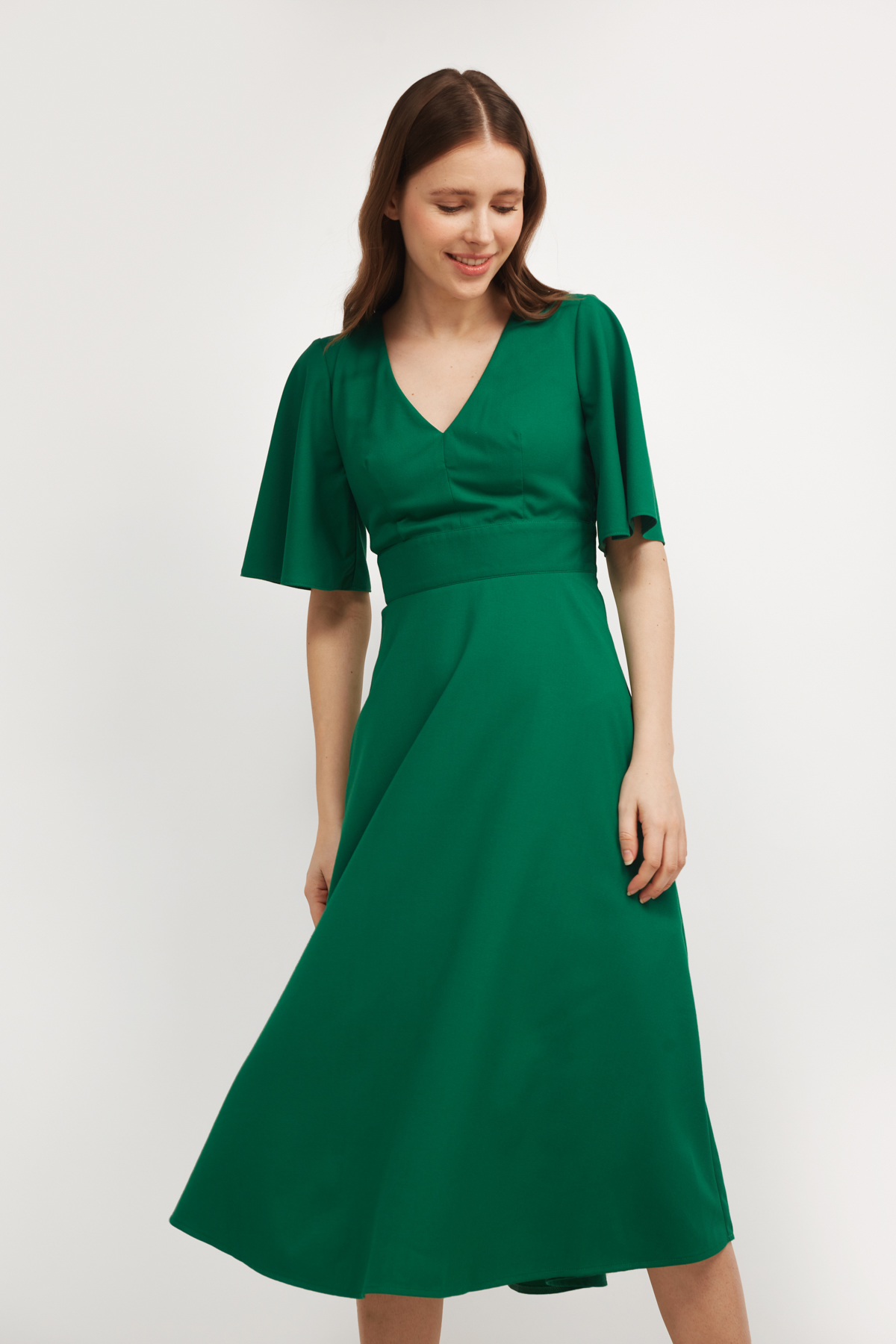 Green midi dress with V-neckline, photo 1