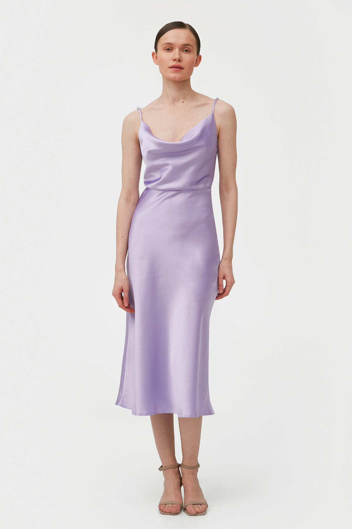 Сукня-комбінація лілового кольору зі щільного сатину зі складкою в області декольте, фото 1