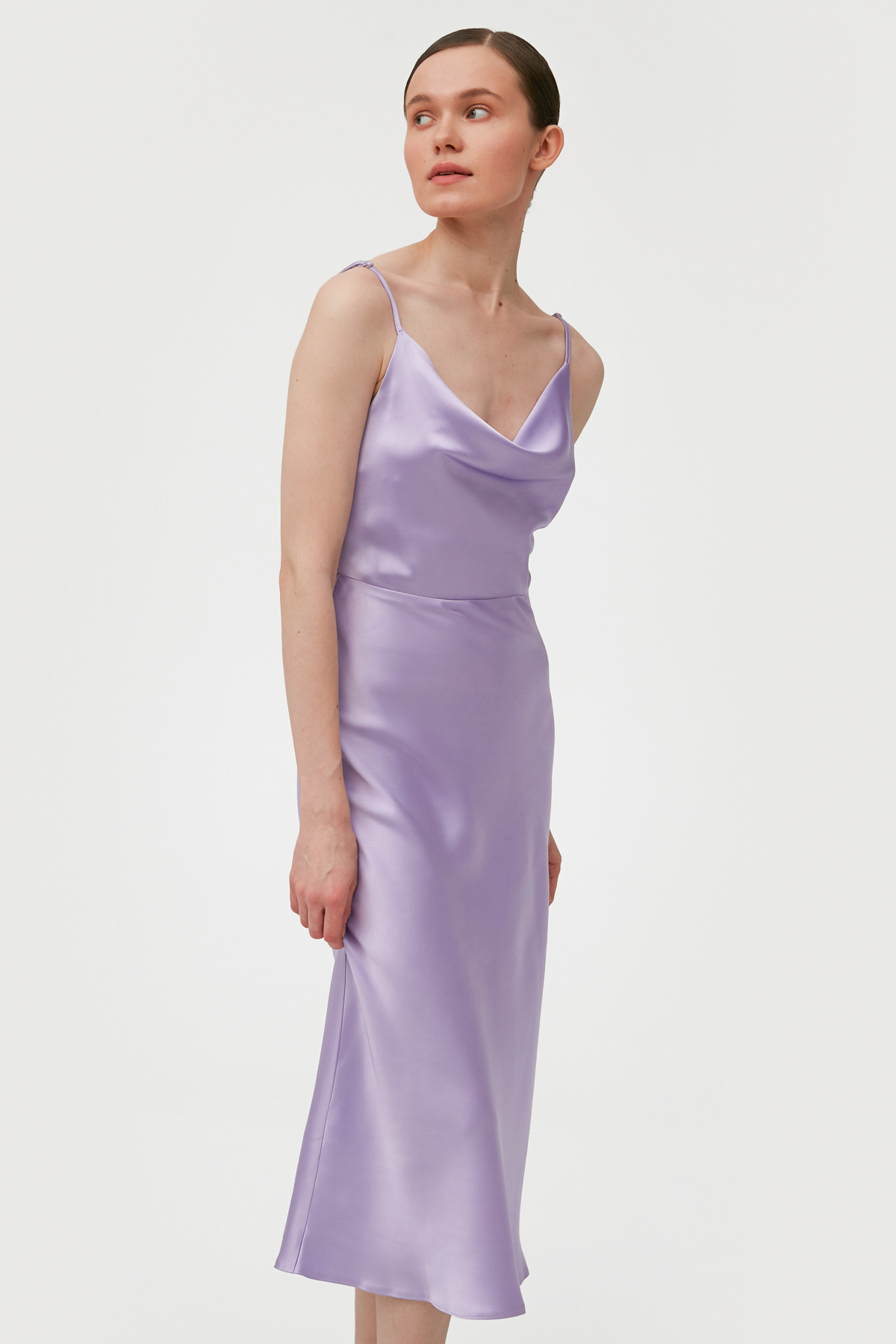 Сукня-комбінація лілового кольору зі щільного сатину зі складкою в області декольте, фото 2