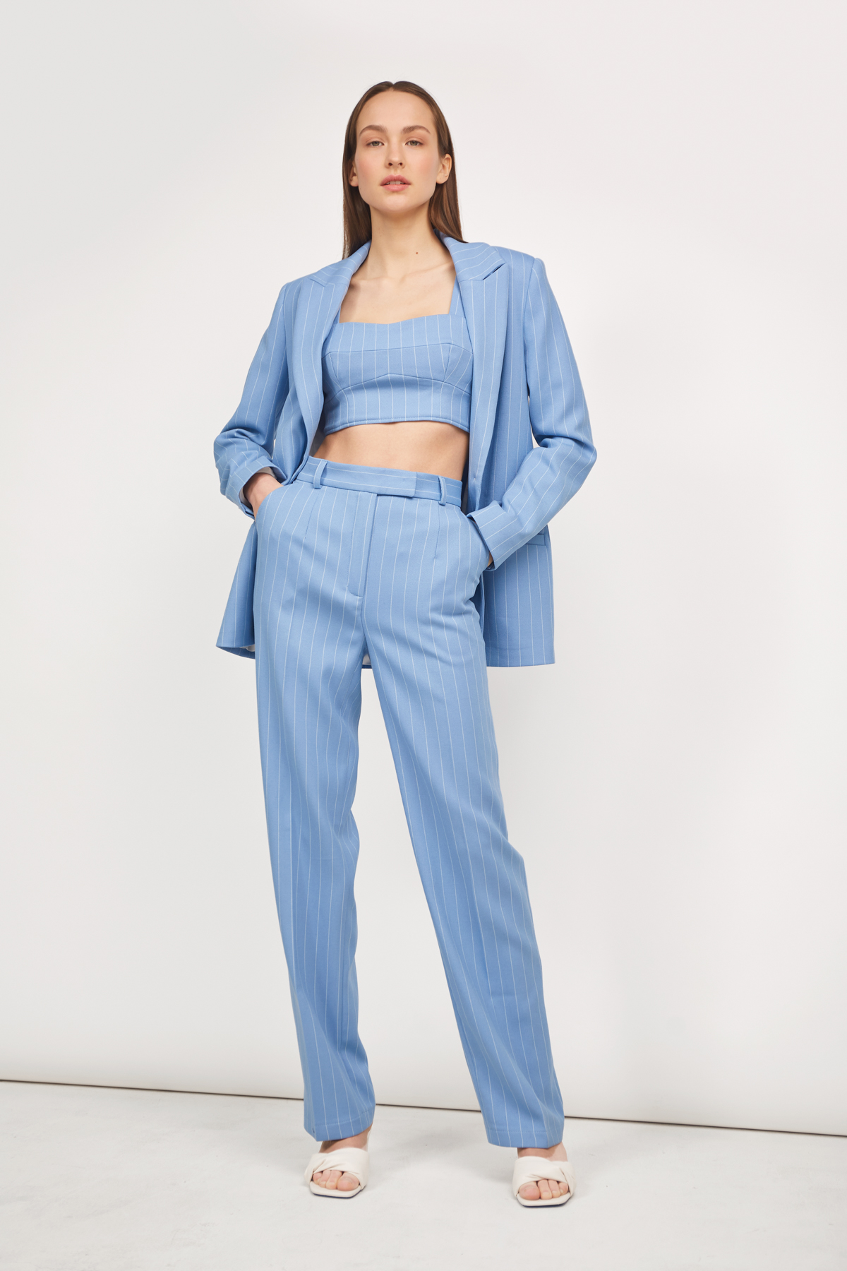 Light blue straight leg trousers with white stripes, photo 1