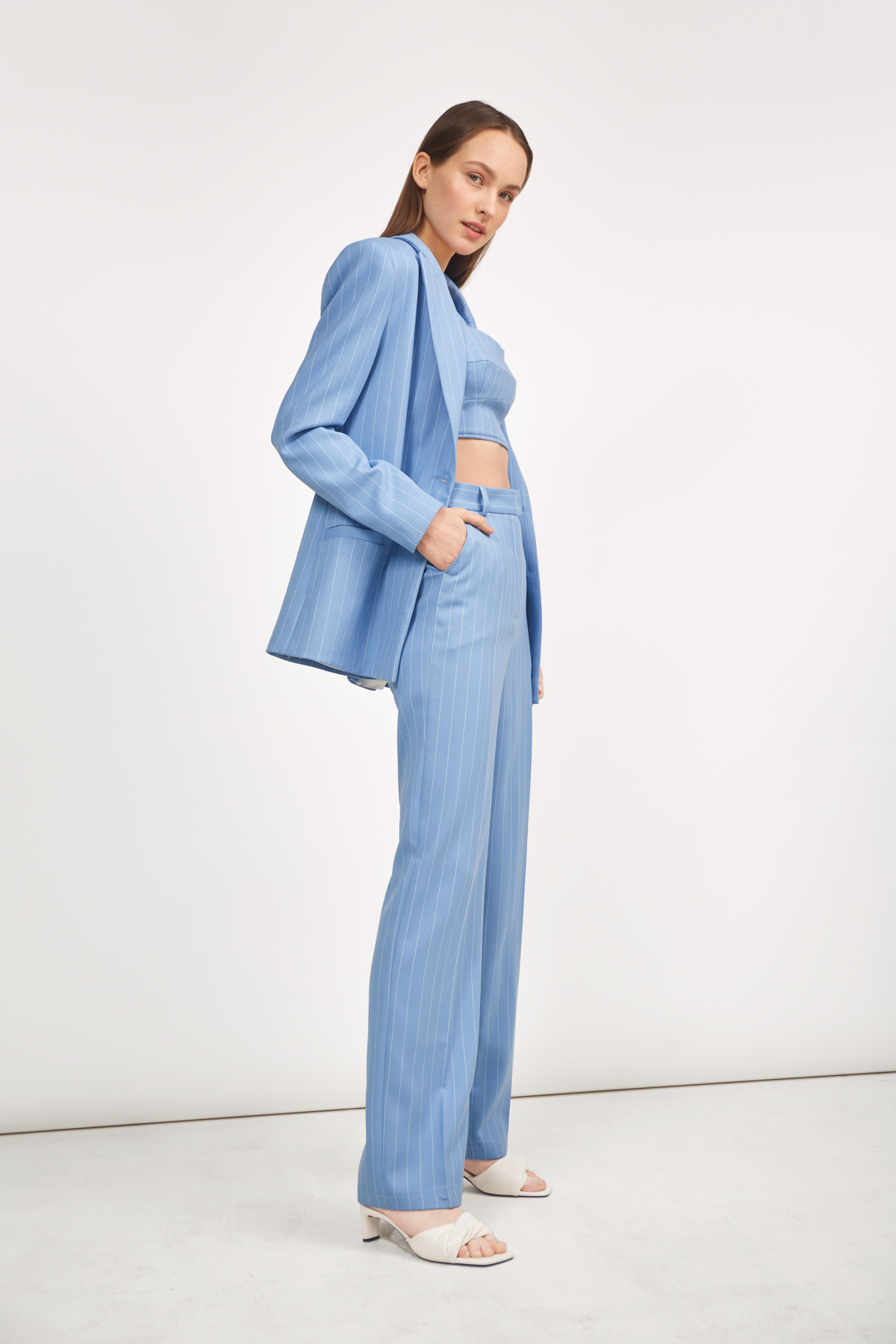 Light blue straight leg trousers with white stripes, photo 2