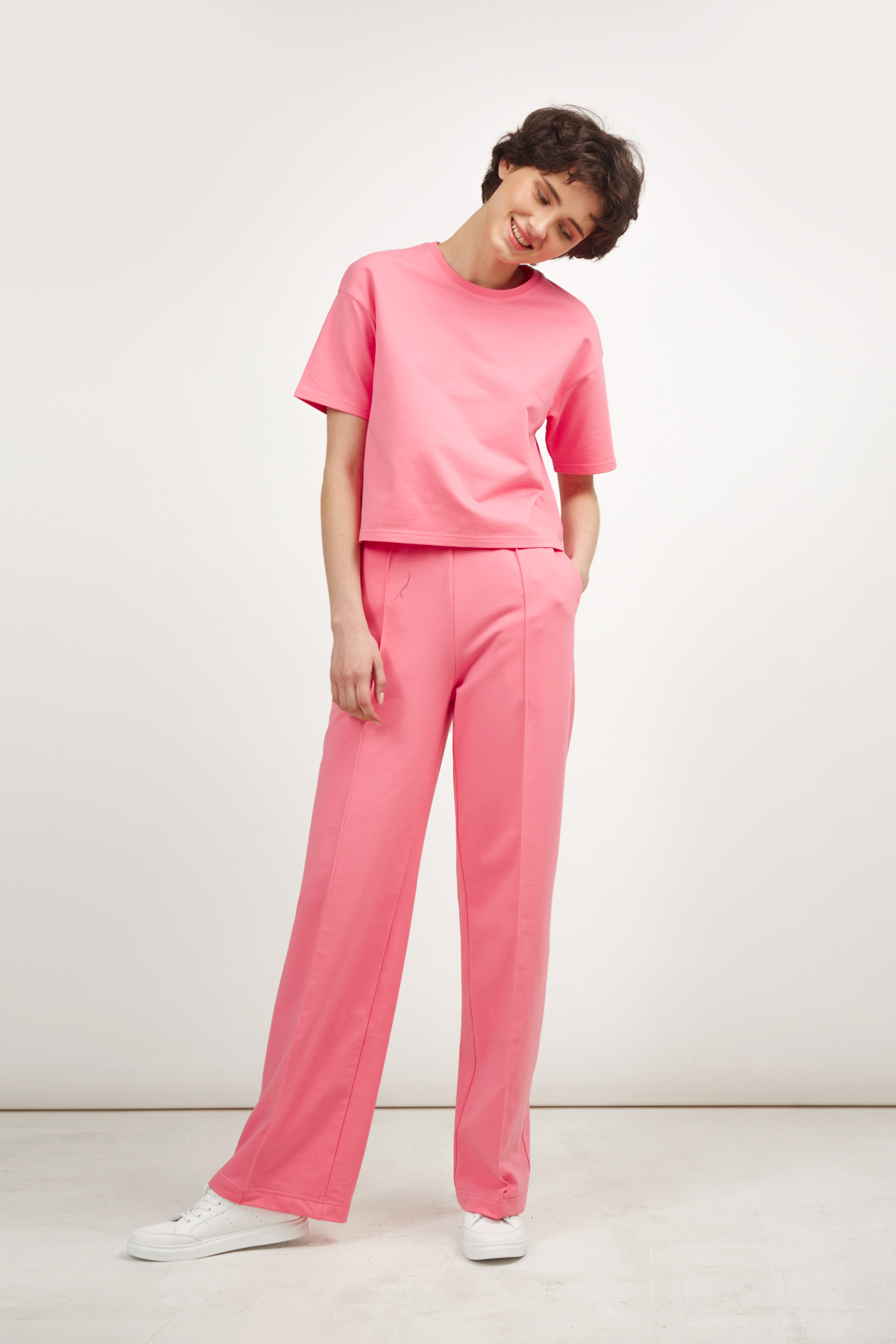 Широкі брюки з трикотажу рожевого кольору, фото 3