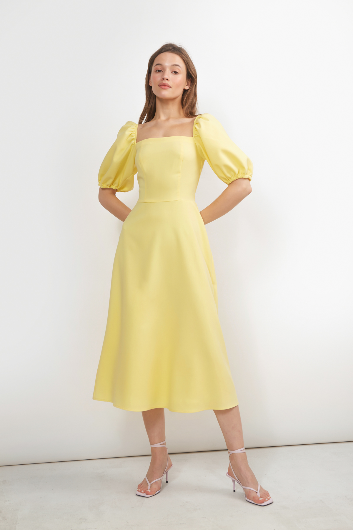 Сукня міді лимонного кольору з рукавом "ліхтариком", фото 1