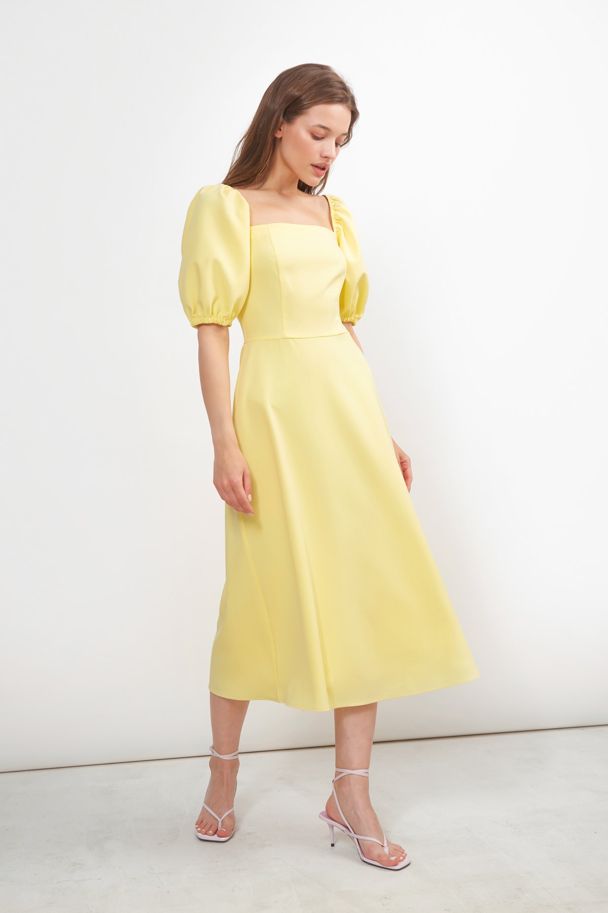 Сукня міді лимонного кольору з рукавом "ліхтариком", фото 2