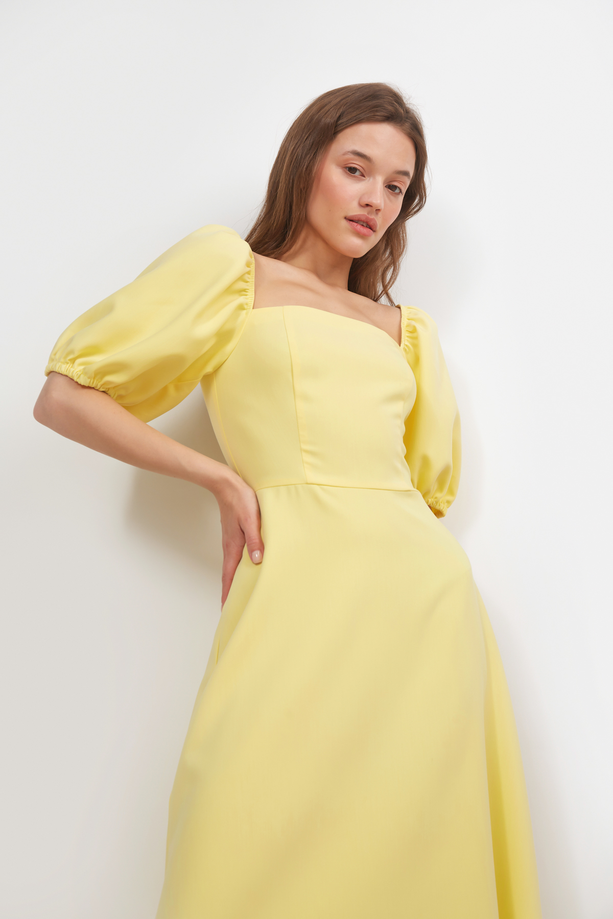 Сукня міді лимонного кольору з рукавом "ліхтариком", фото 3