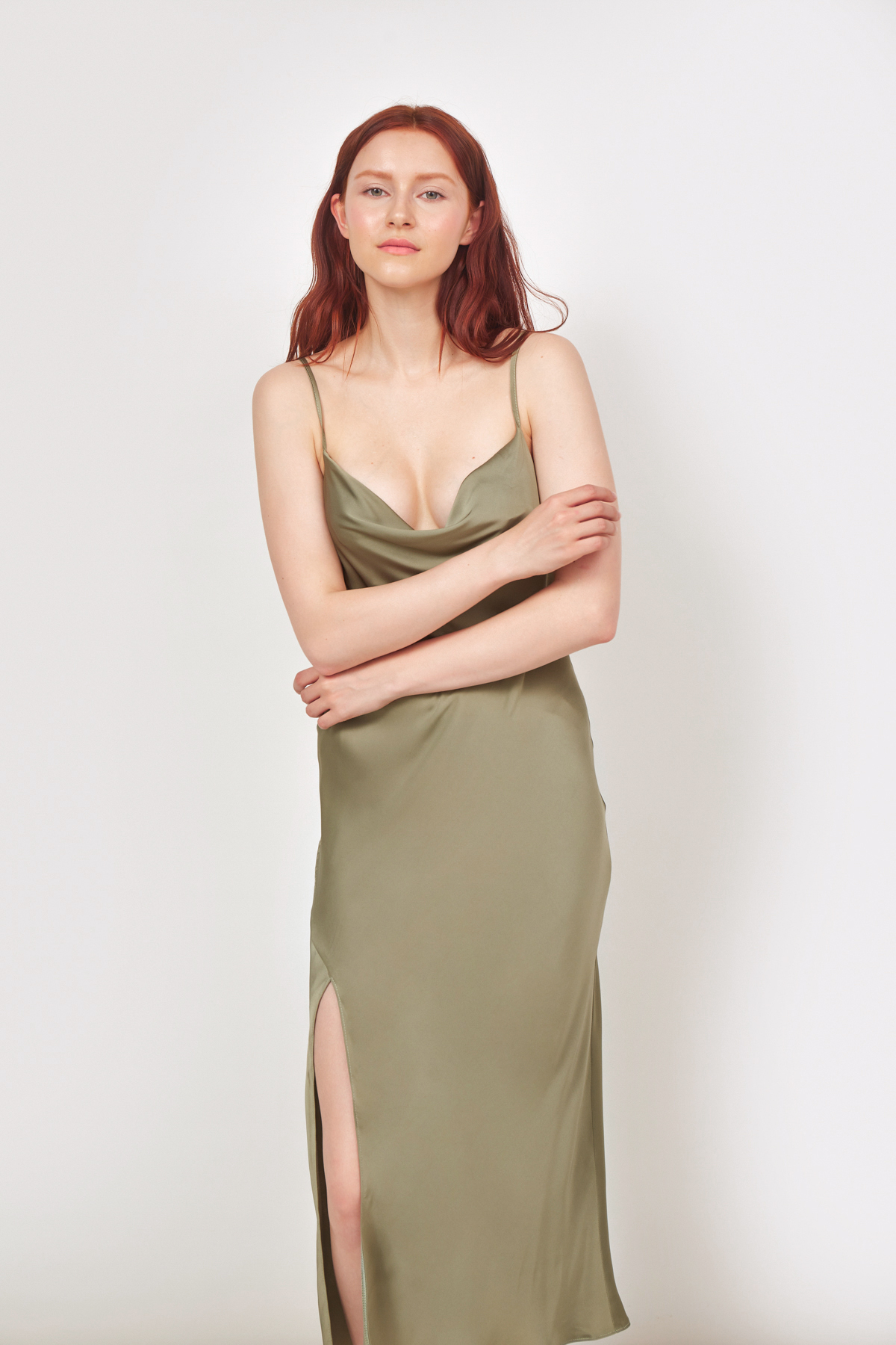 Сатинова сукня-комбінація кольору хакі, фото 1