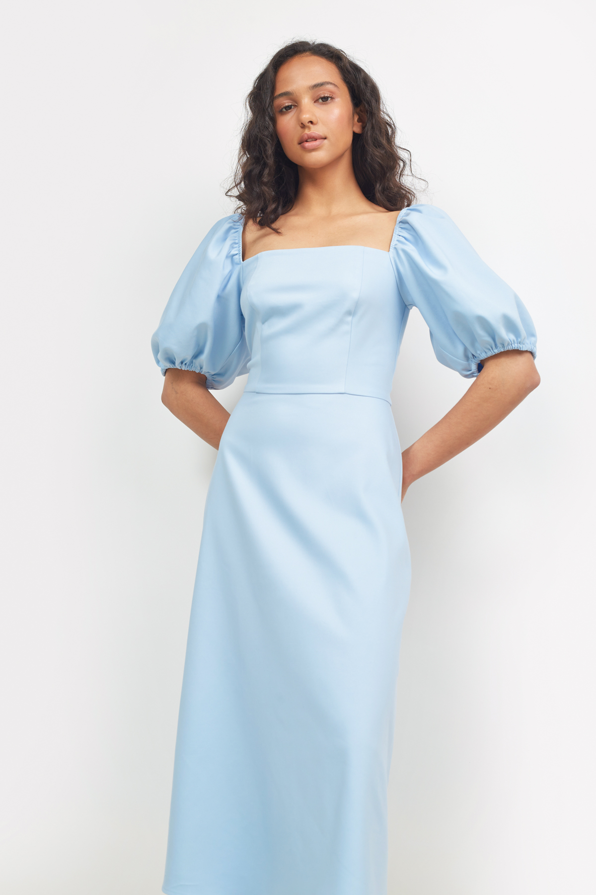 Сукня міді блакитного кольору з рукавом "ліхтариком", фото 1