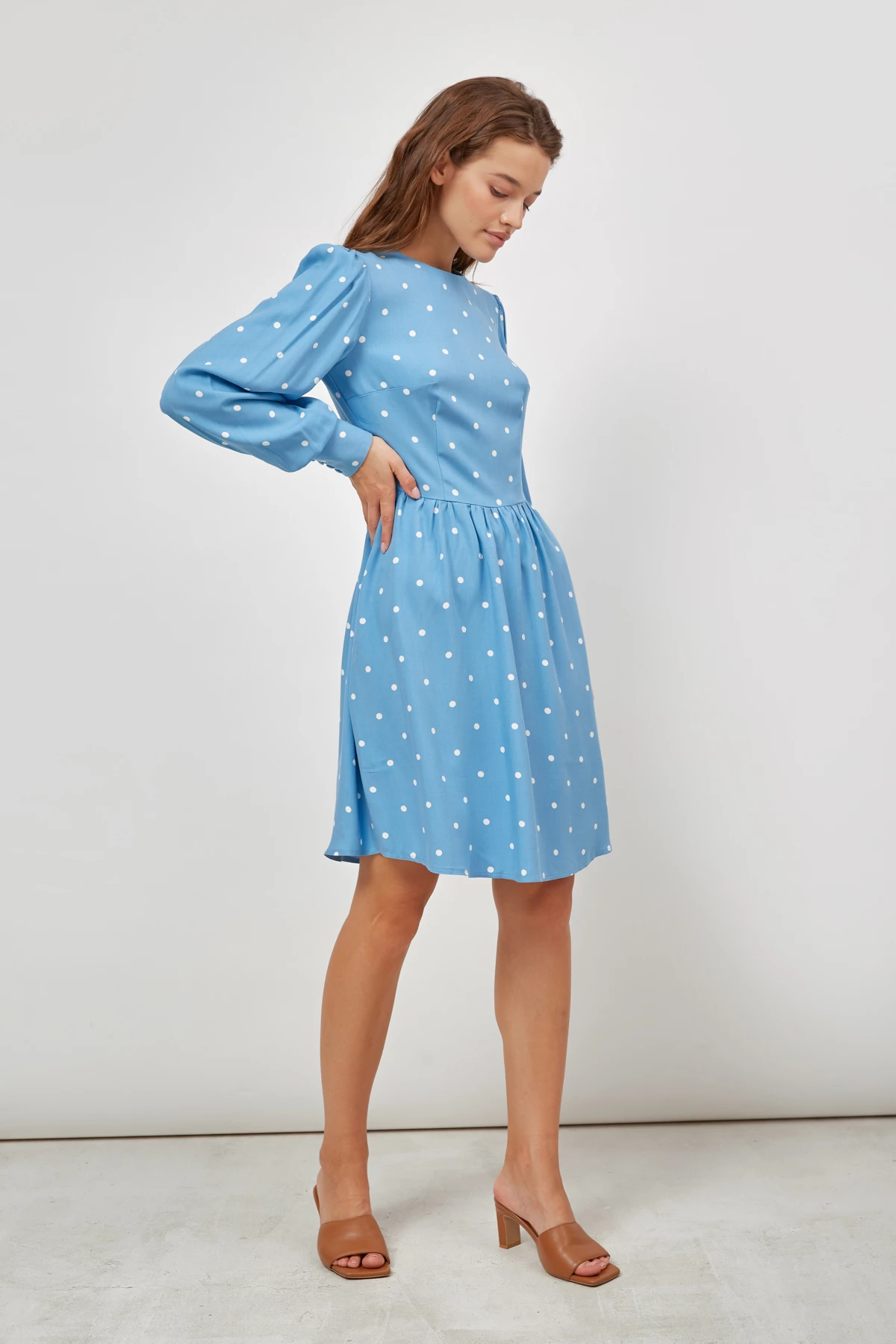 Blue viscose dress with white polka dots , photo 2