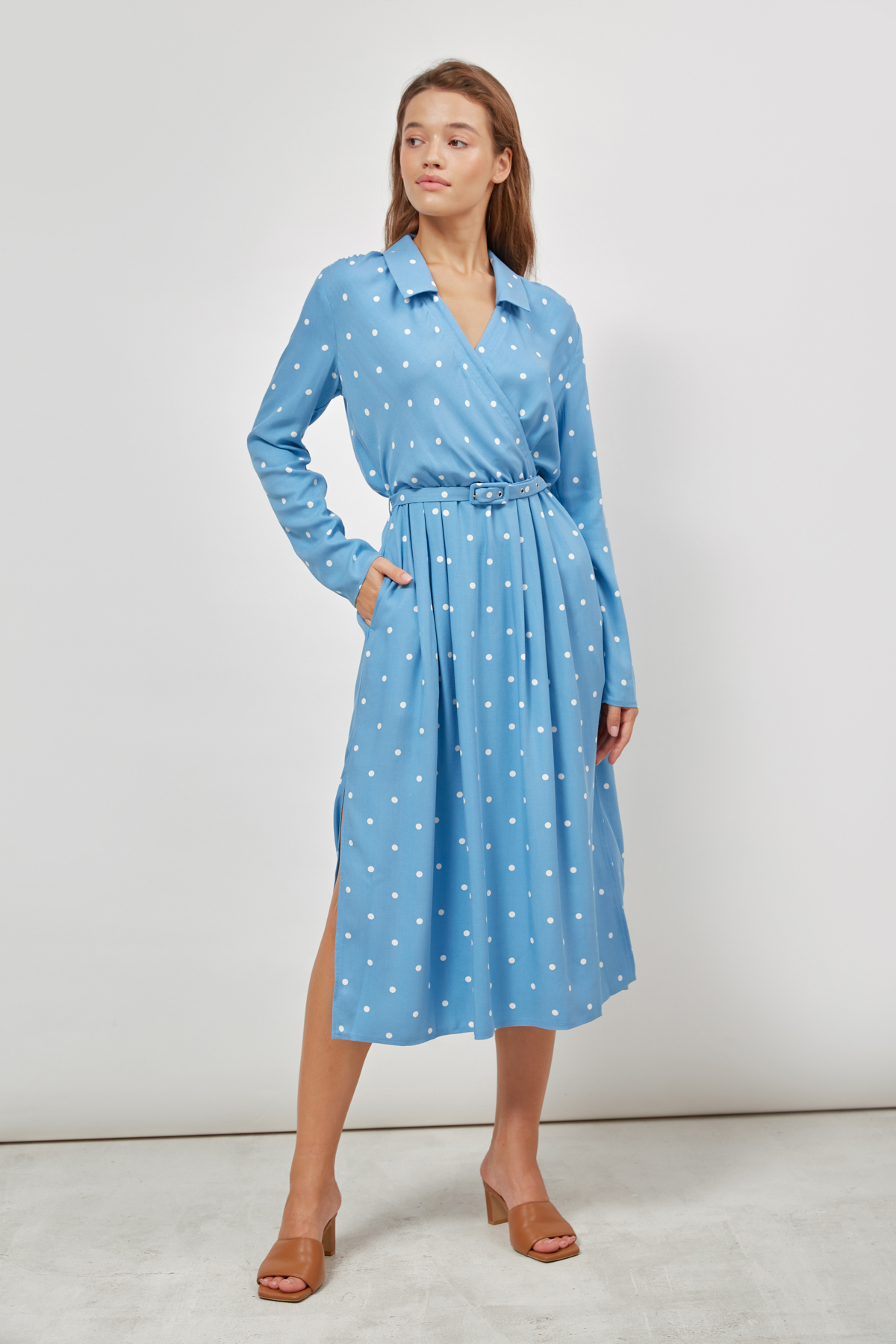Blue viscose midi dress with white polka dots, photo 1