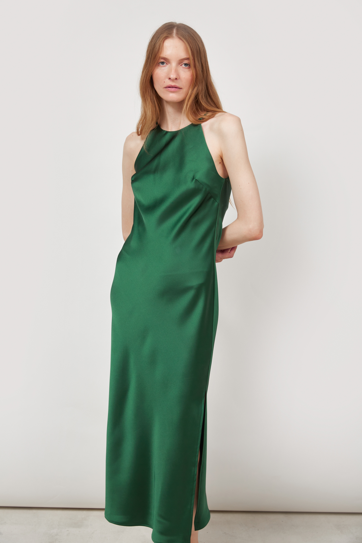 Emerald green satin slip dress, photo 1