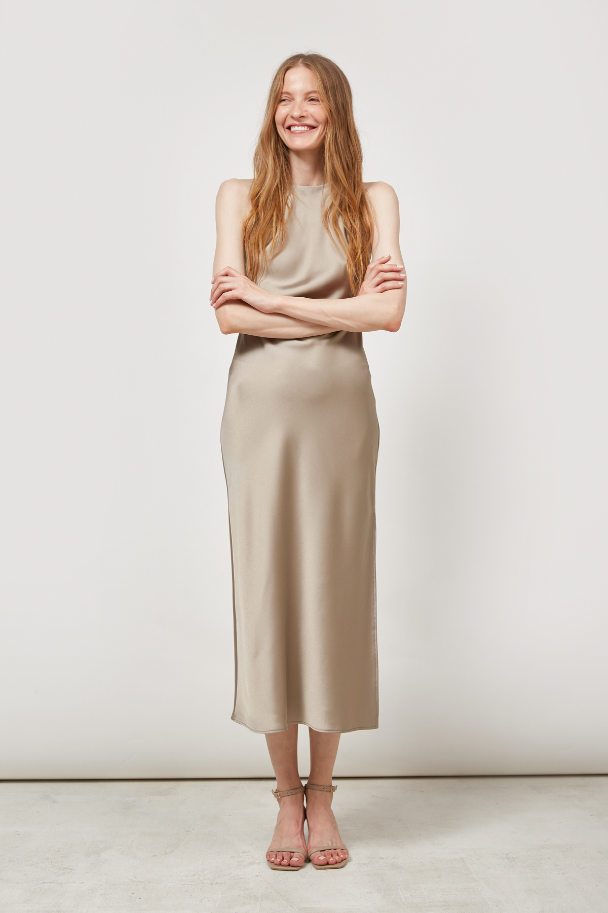 Сукня-комбінація зі щільного сатину оливкового кольору, фото 1