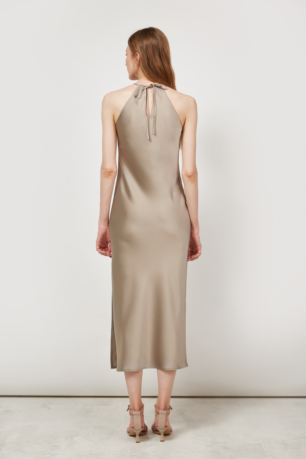 Сукня-комбінація зі щільного сатину оливкового кольору, фото 4