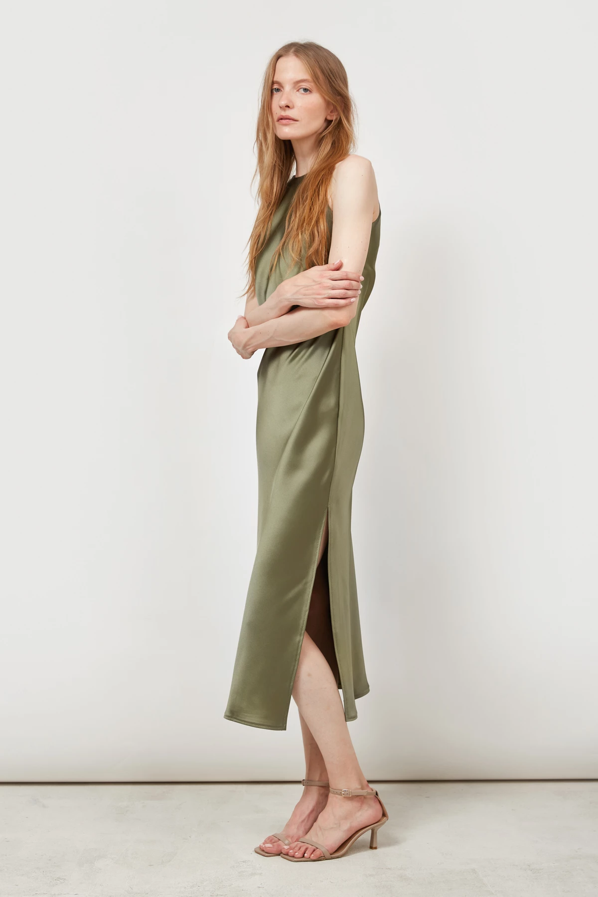 Сукня-комбінація зі щільного сатину кольору хакі, фото 2