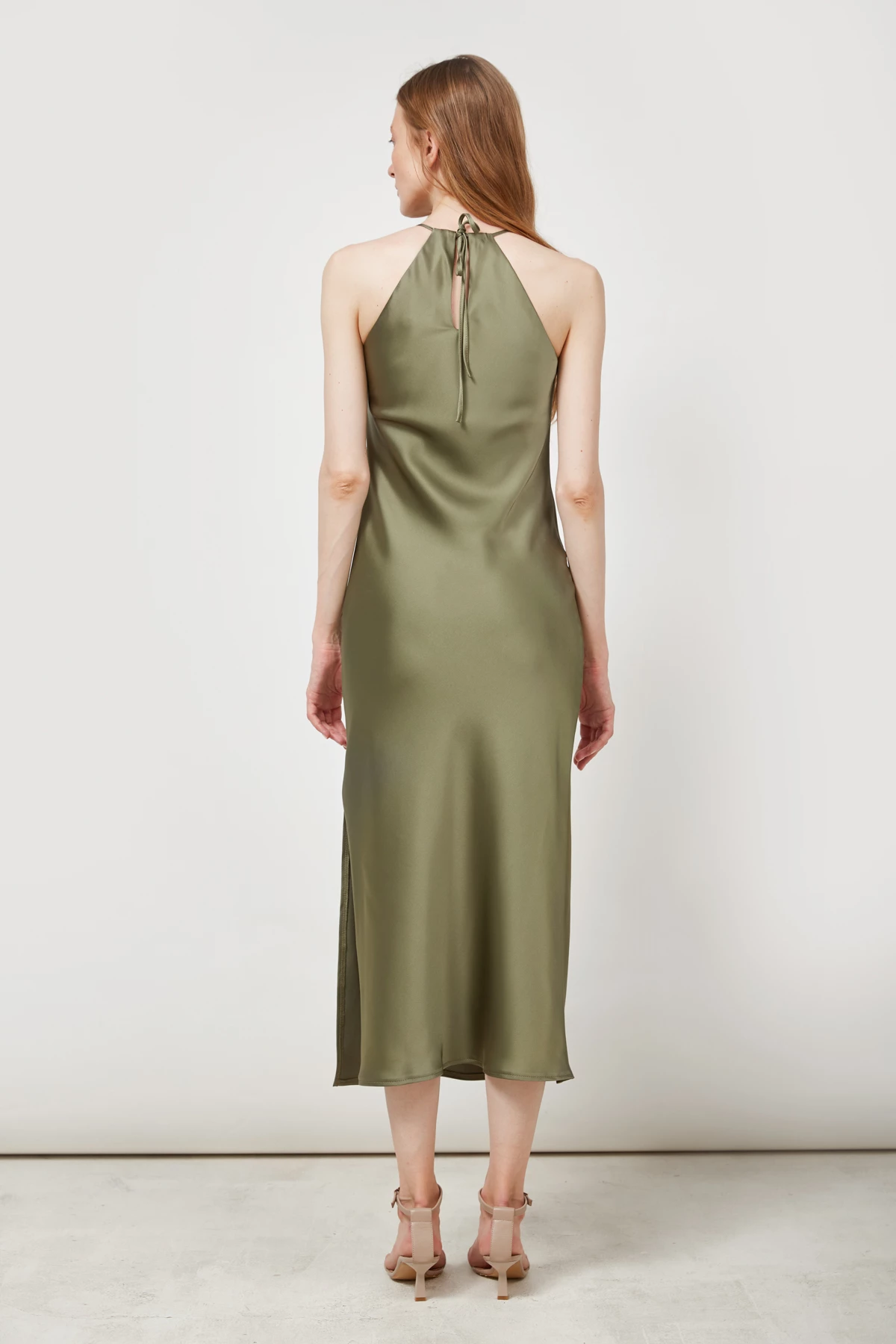 Сукня-комбінація зі щільного сатину кольору хакі, фото 4