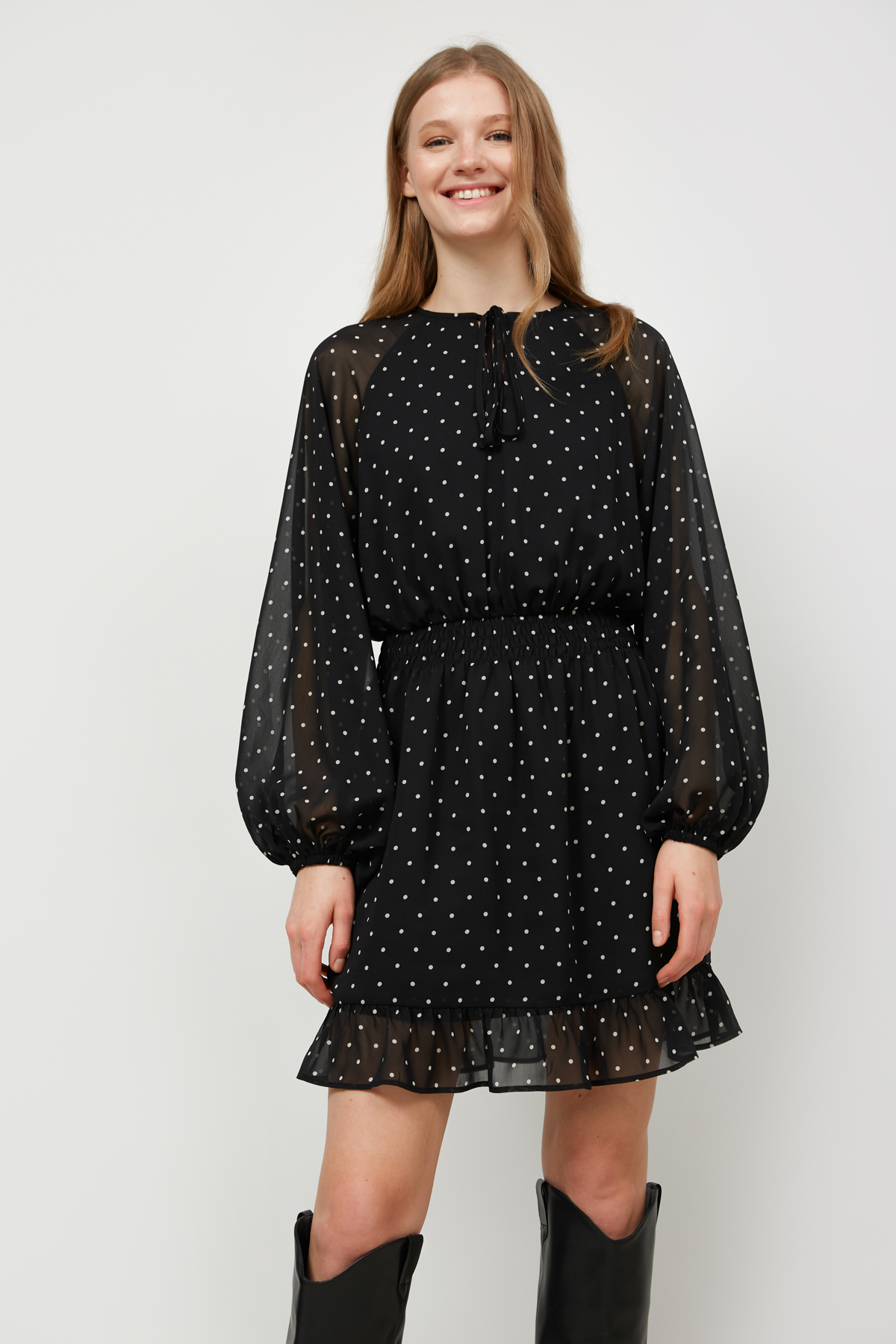 Short dress in chiffon with white polka dots print, photo 1