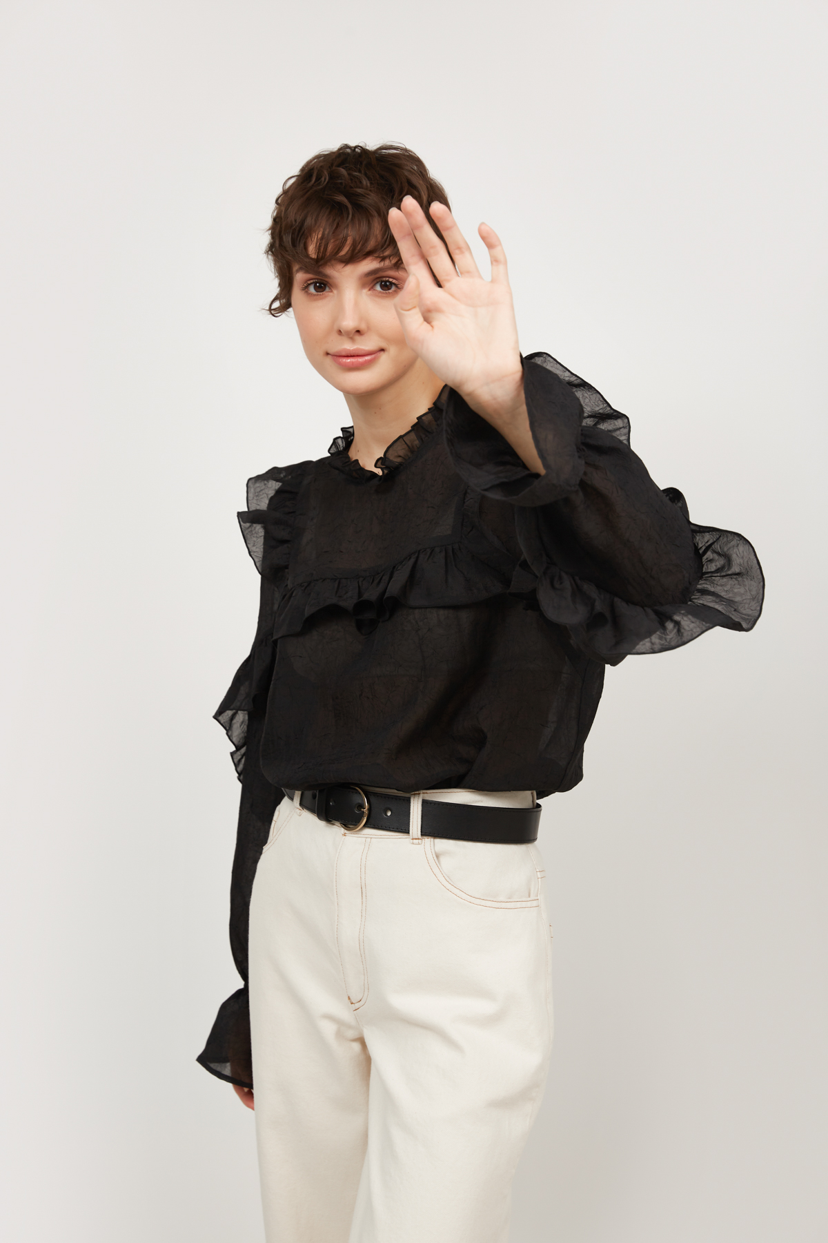 Blouse with ruffles in wrinkled chiffon in black, photo 1
