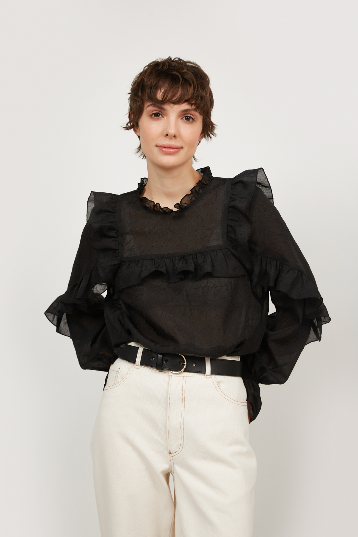Blouse with ruffles in wrinkled chiffon in black, photo 3