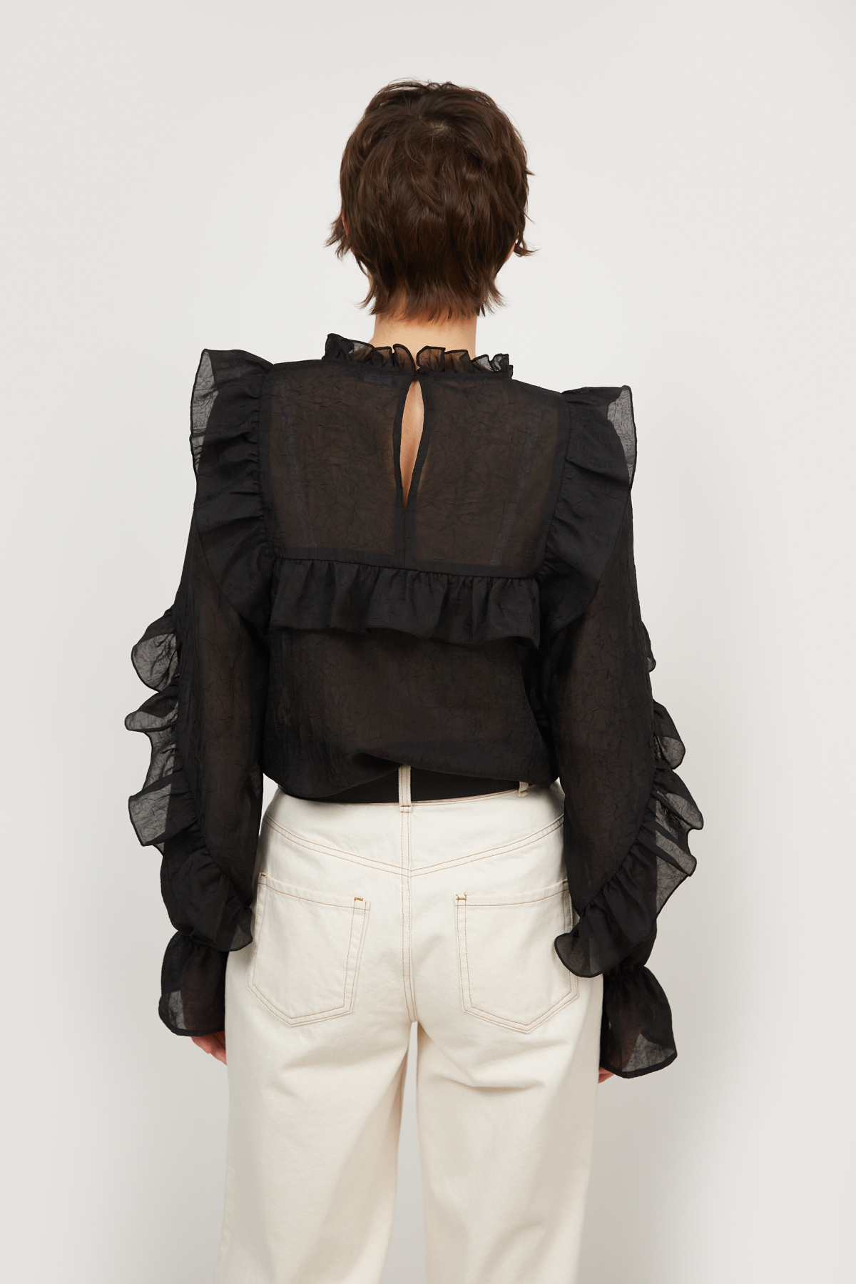 Blouse with ruffles in wrinkled chiffon in black, photo 5