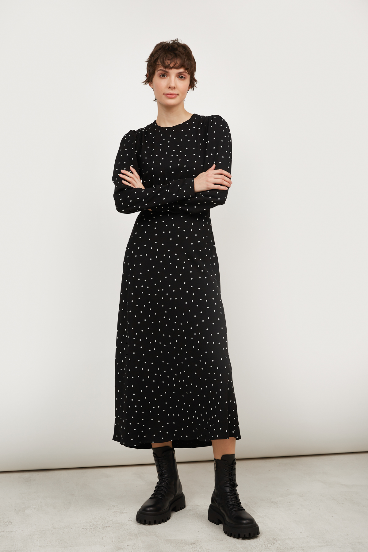 Black viscose midi dress in white polka dots print, photo 1