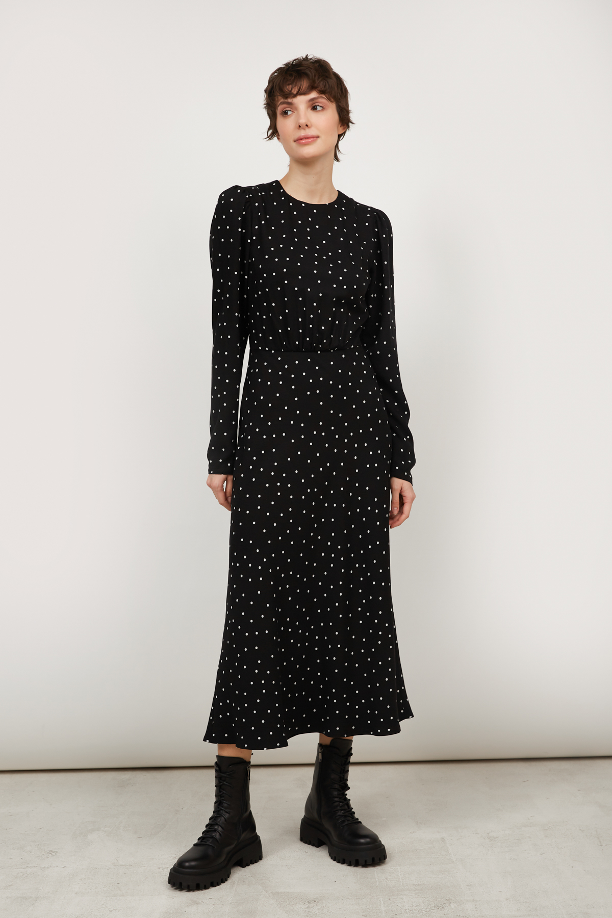 Black viscose midi dress in white polka dots print, photo 2