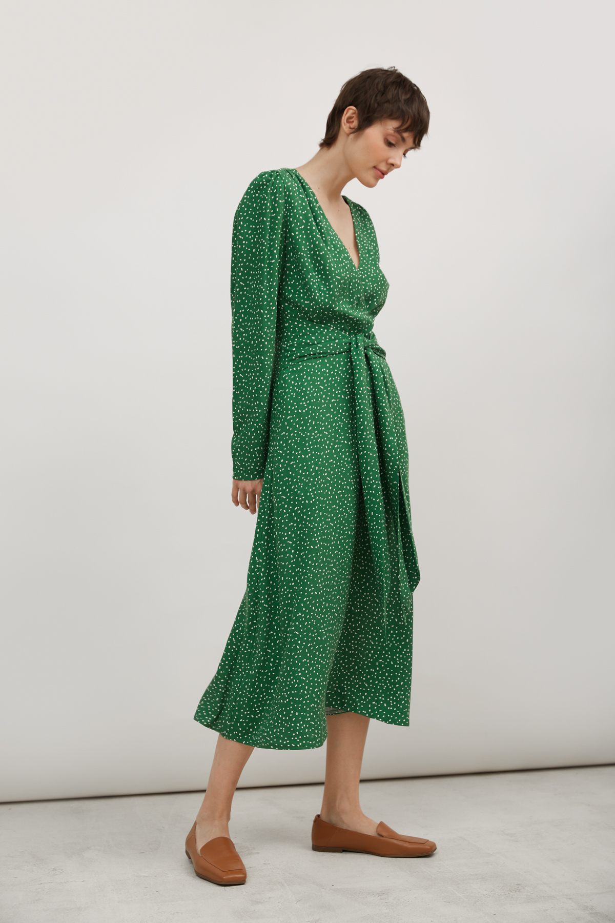 Green midi dress with viscose in white drops print, photo 1