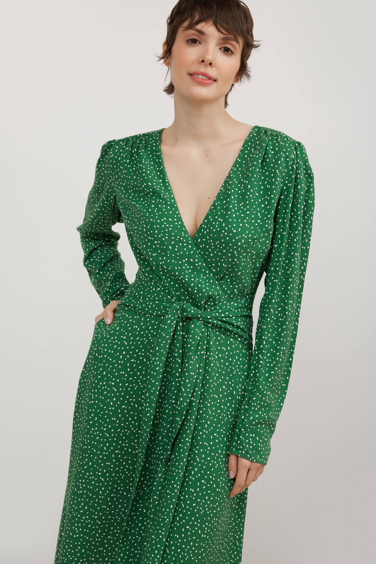 Green midi dress with viscose in white drops print, photo 2