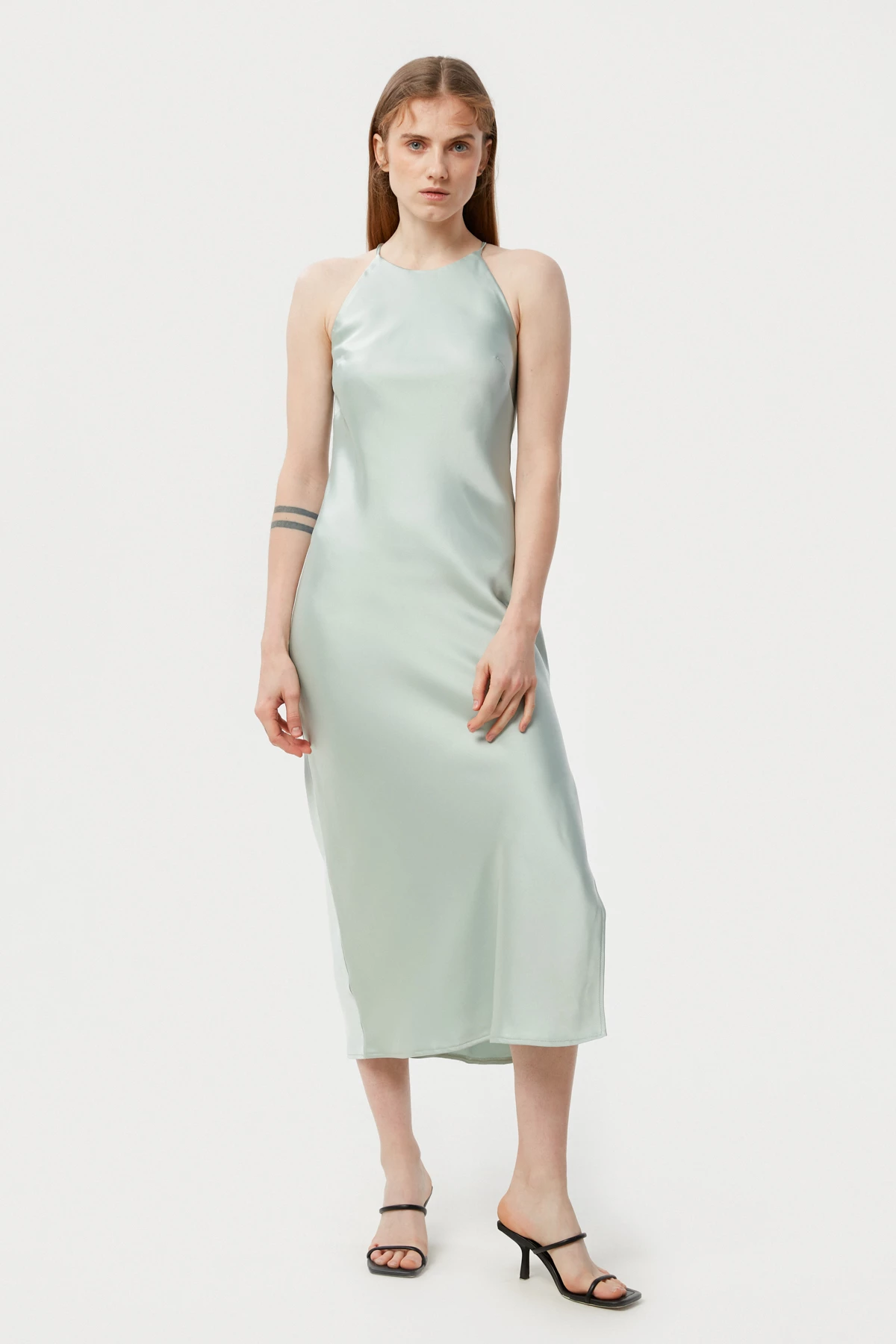 Сукня-комбінація зі щільного оливкового сатину, фото 1