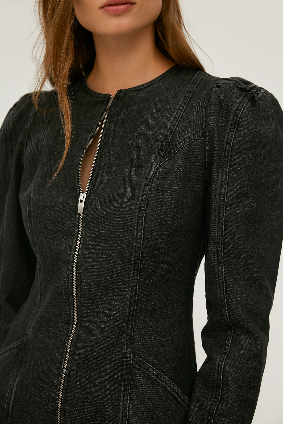 Black denim zip front mini dress made of 100% cotton, photo 4
