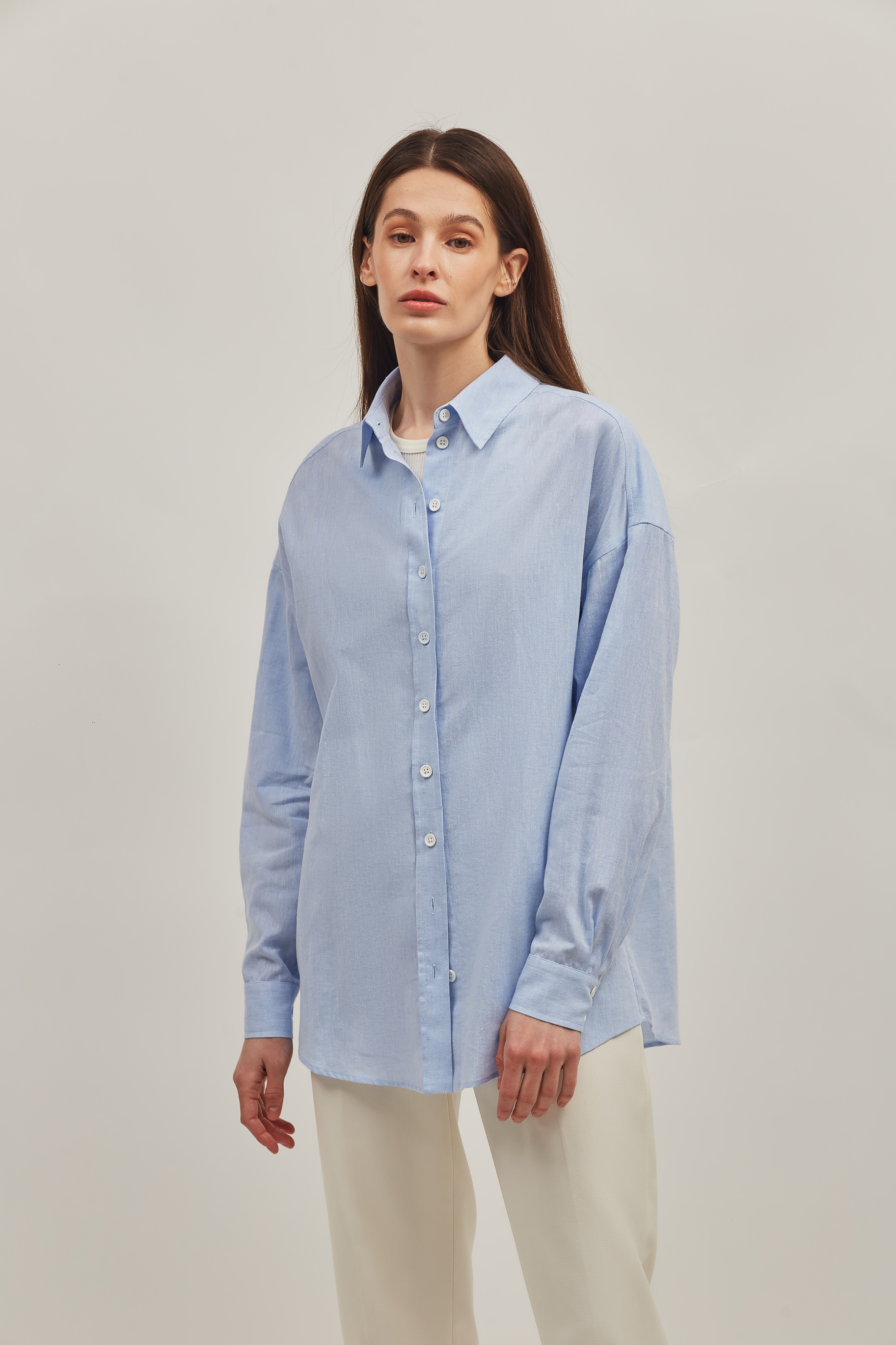 Loose-fit blue cotton shirt with linen, photo 1
