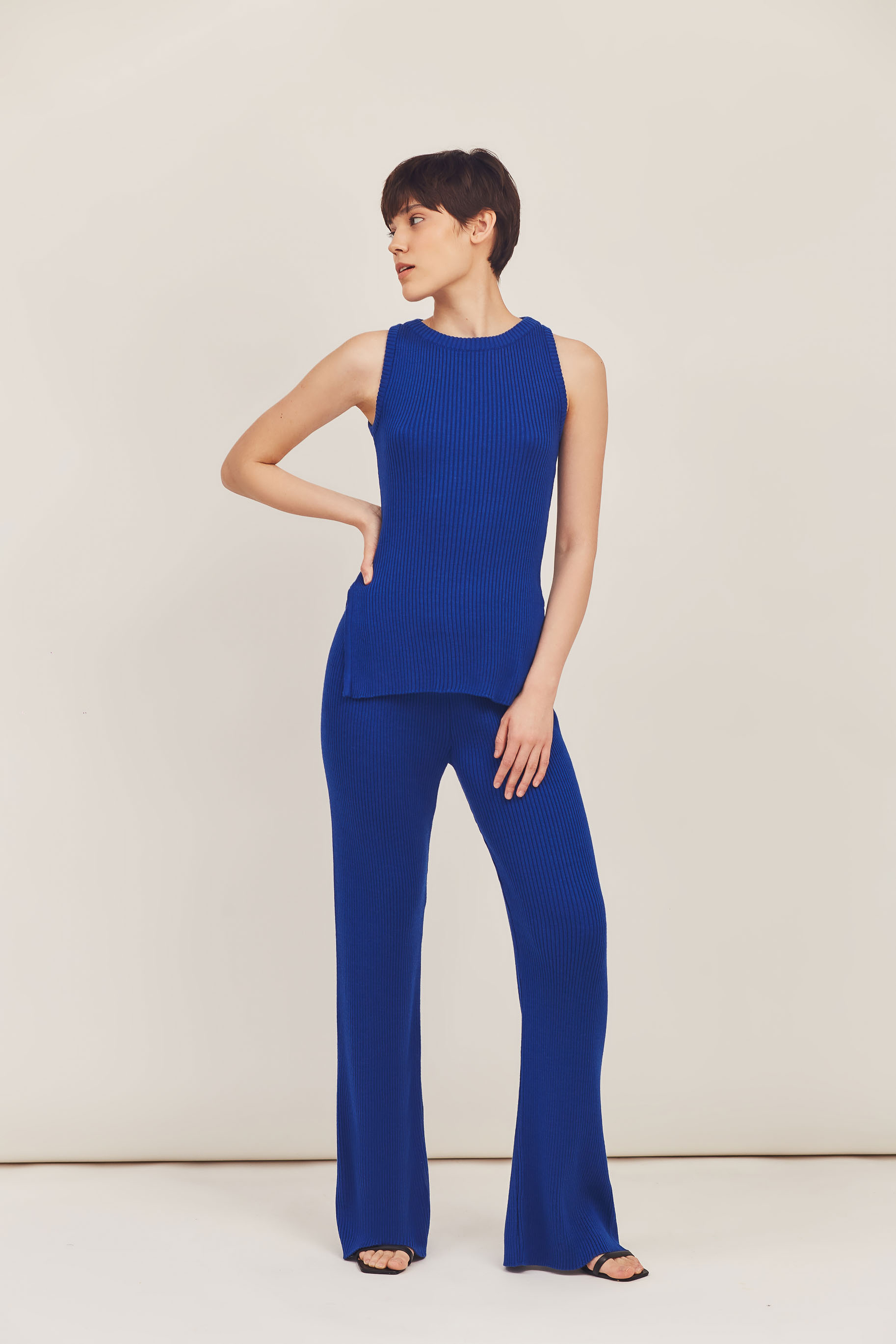 Dark-blue ribbed wide-leg knitted pants, photo 1