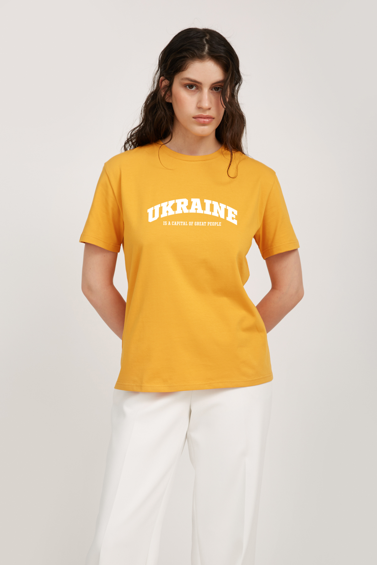 Mustard loose fit T-shirt with "Ukraine" print, photo 1