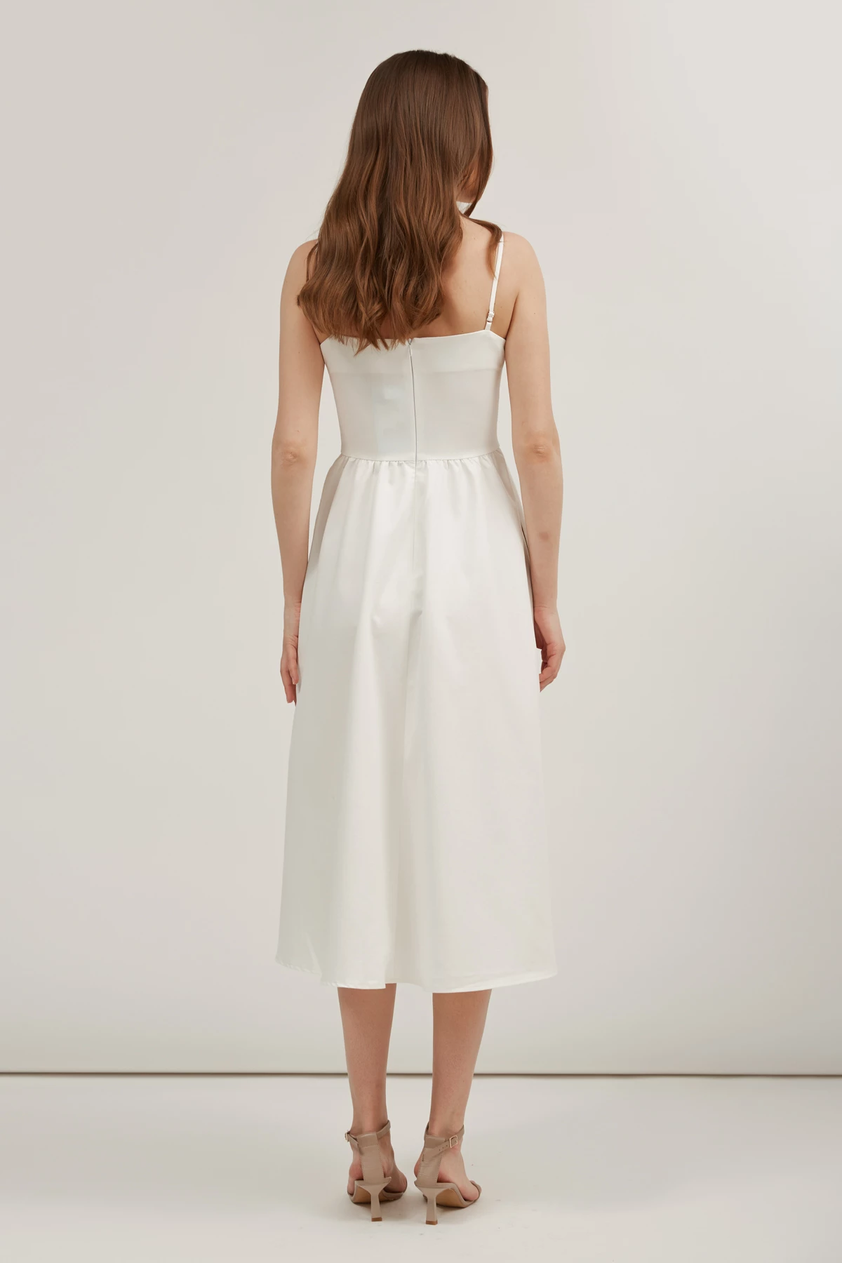 Milky waist-fitted midi dress made of suit fabric, photo 5