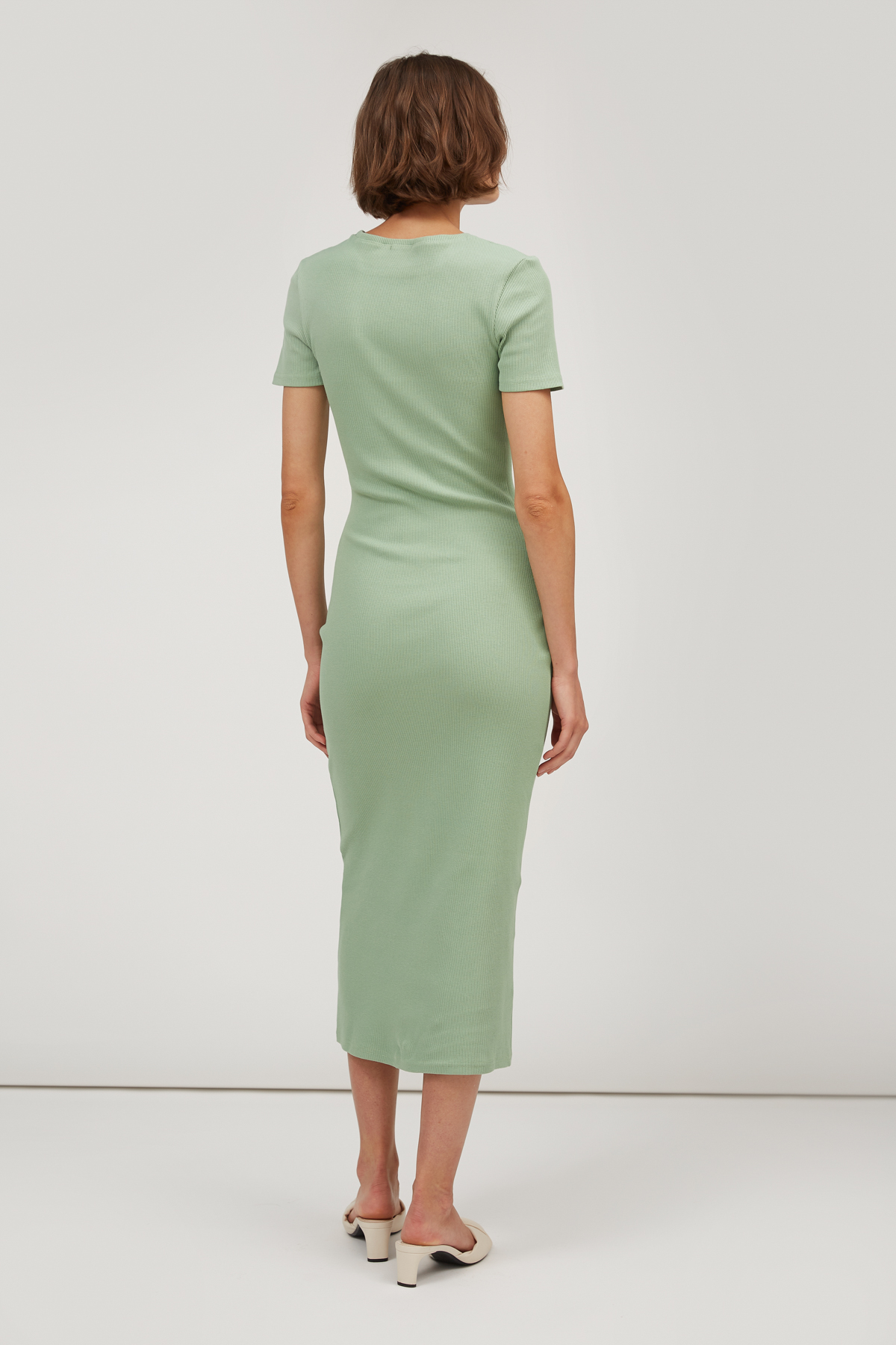 Olive waist-fitted ribbed jersey midi dress , photo 3