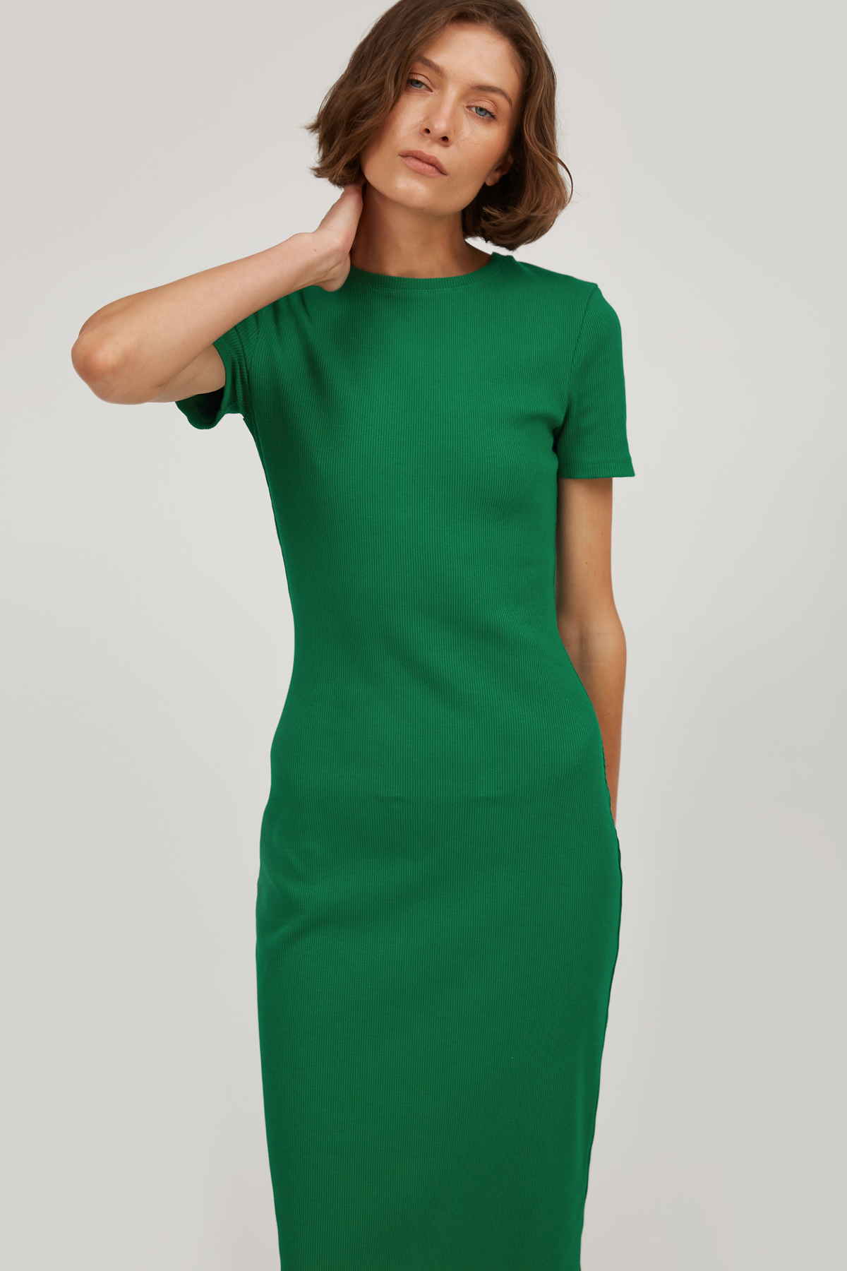 Green waist-fitted ribbed jersey midi dress , photo 3