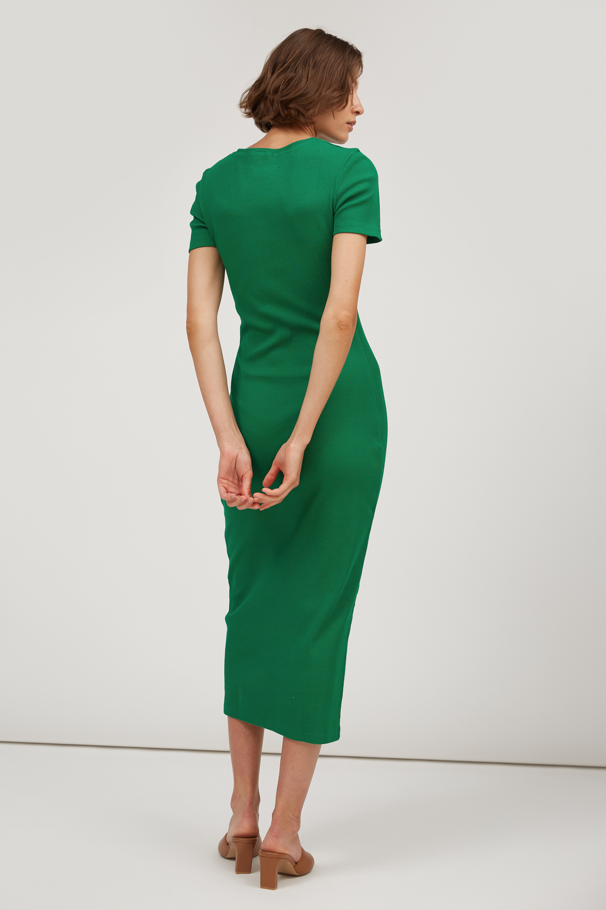 Green waist-fitted ribbed jersey midi dress , photo 4